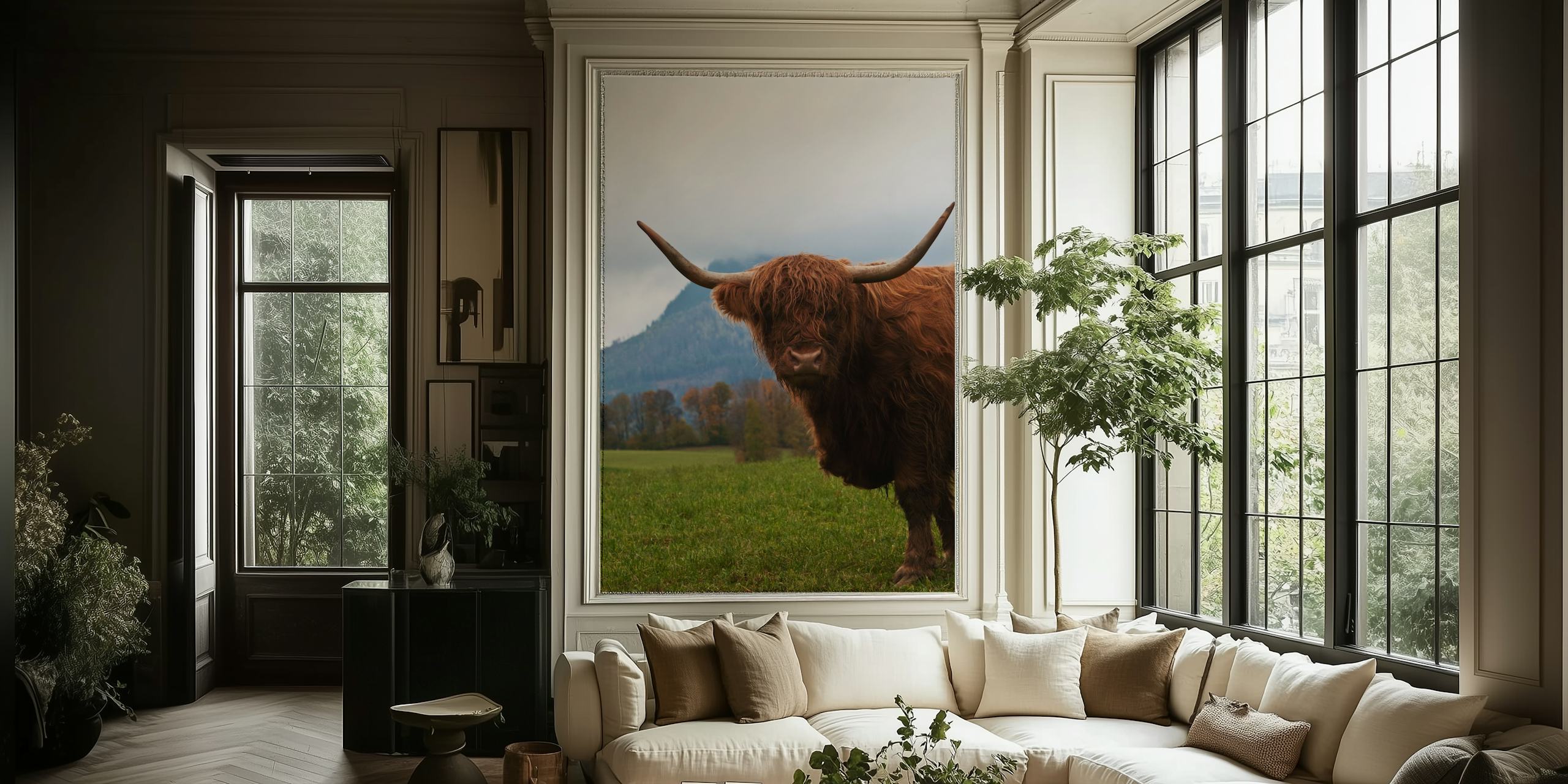 Tapeta Highland Cow v obývacím pokoji