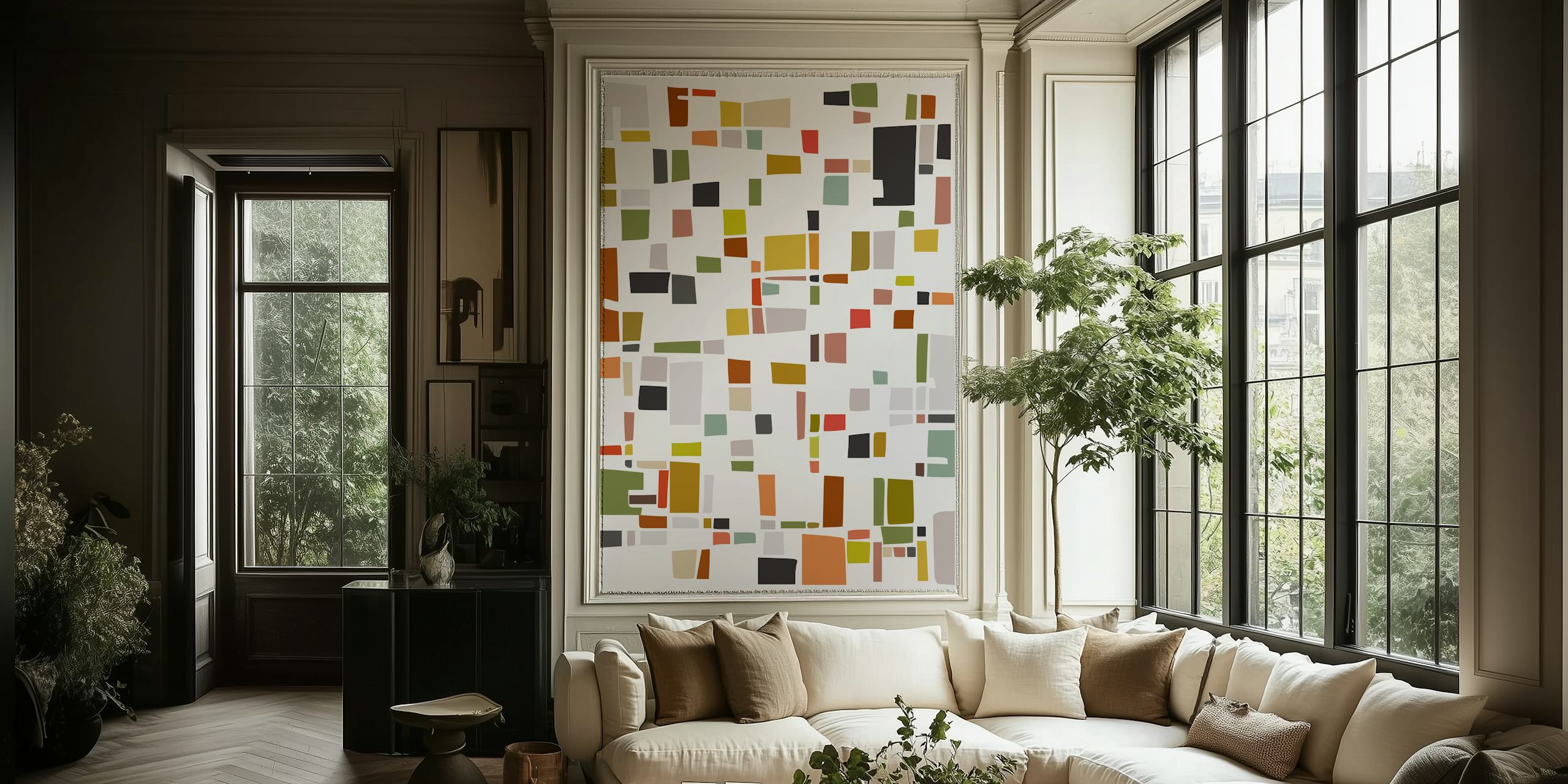 Abstract geometric wallpaper in earthy colors of green, brown, and cream
