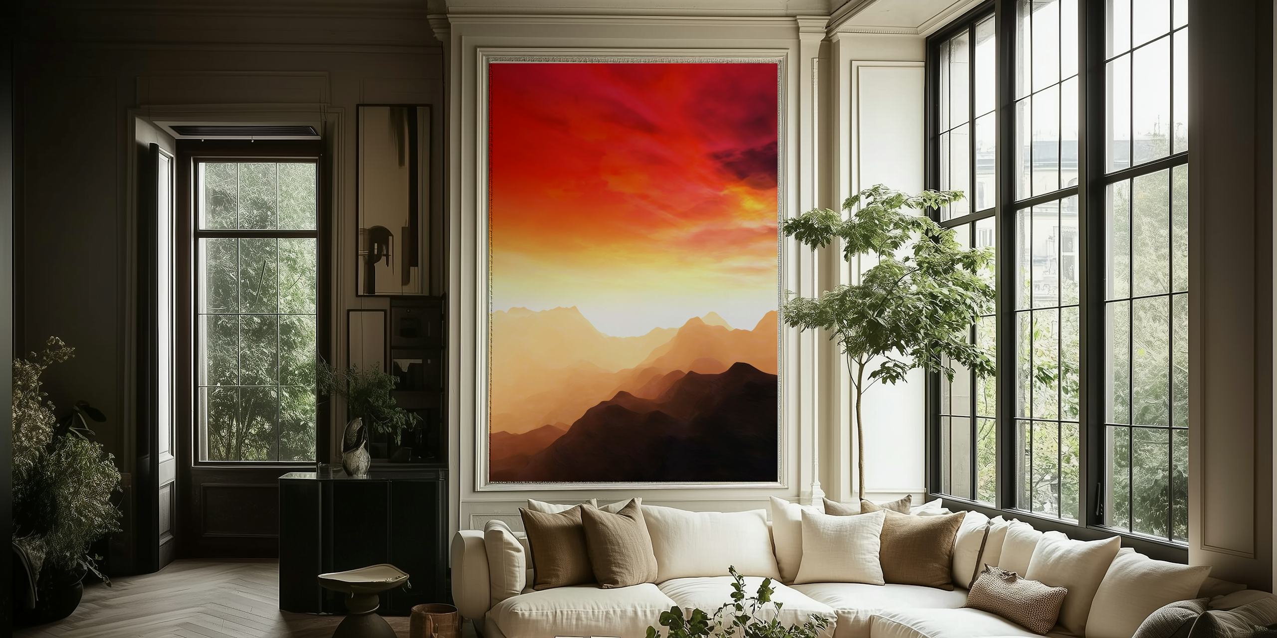 Mountains silhouetted against a vibrant red sunset wallpaper