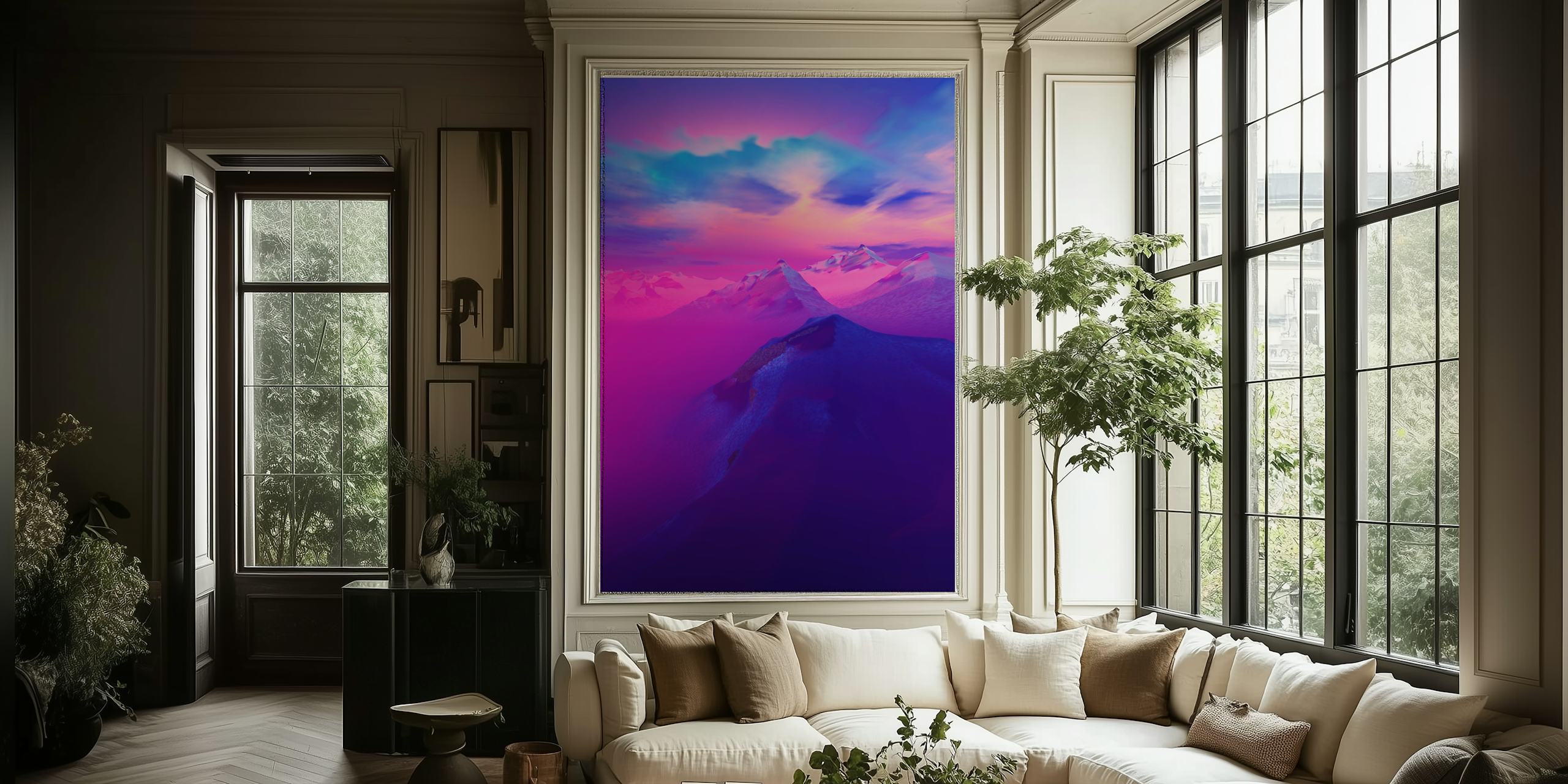 Et roligt vægmaleri, der viser bjergtoppe under en mørk himmel med nuancer af pink og lilla.