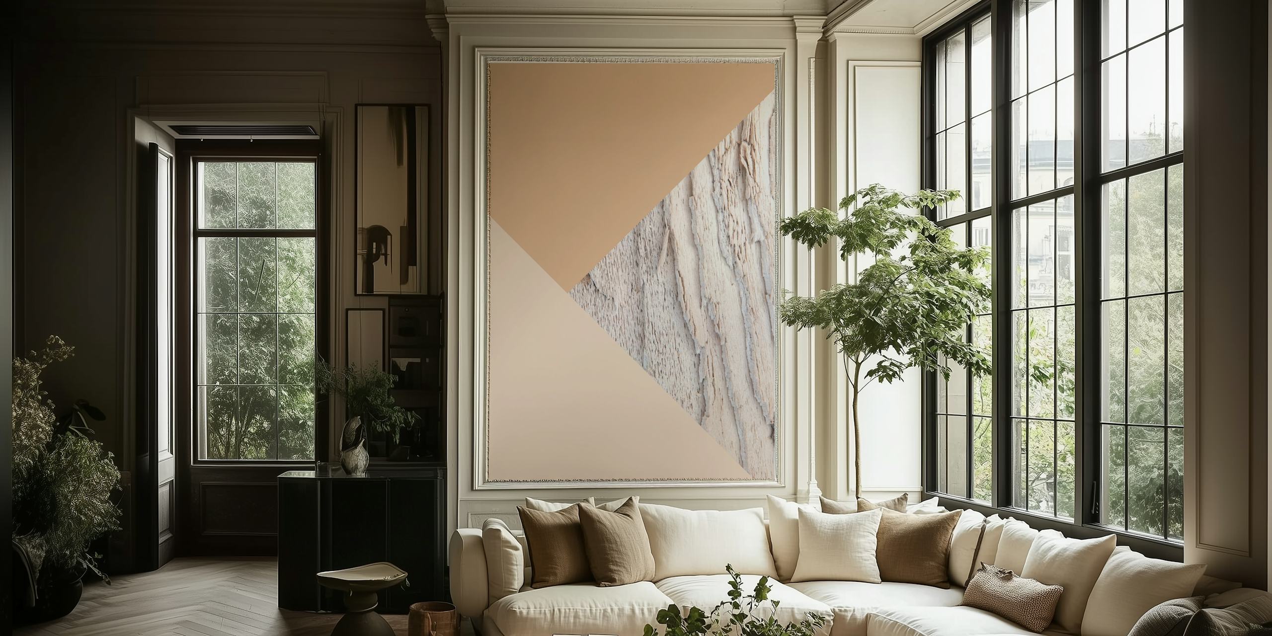 Wood meets Warm Beige Geo papel de parede em um quarto