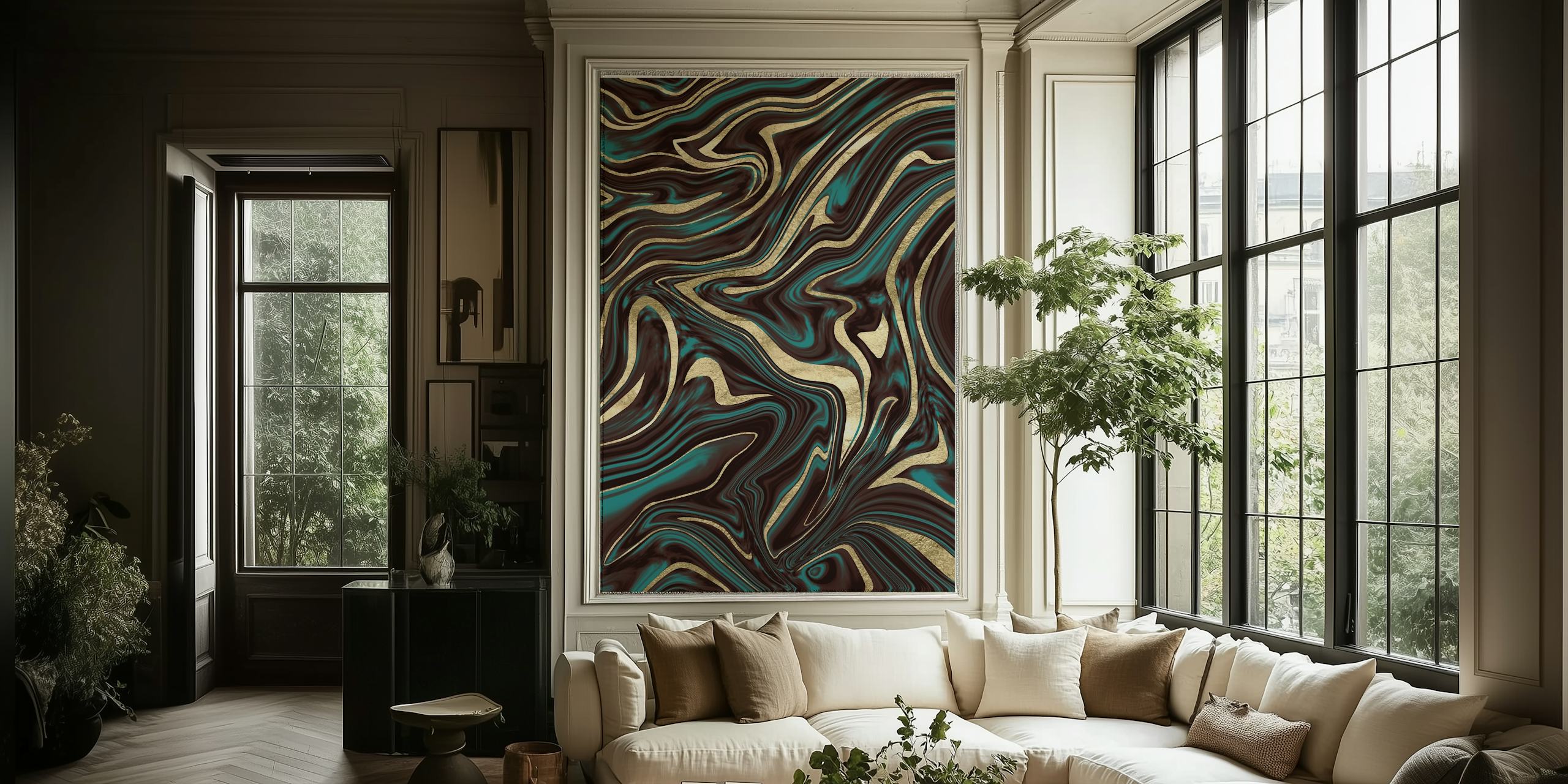 Turquoise brown gold marble wallpaper in a room