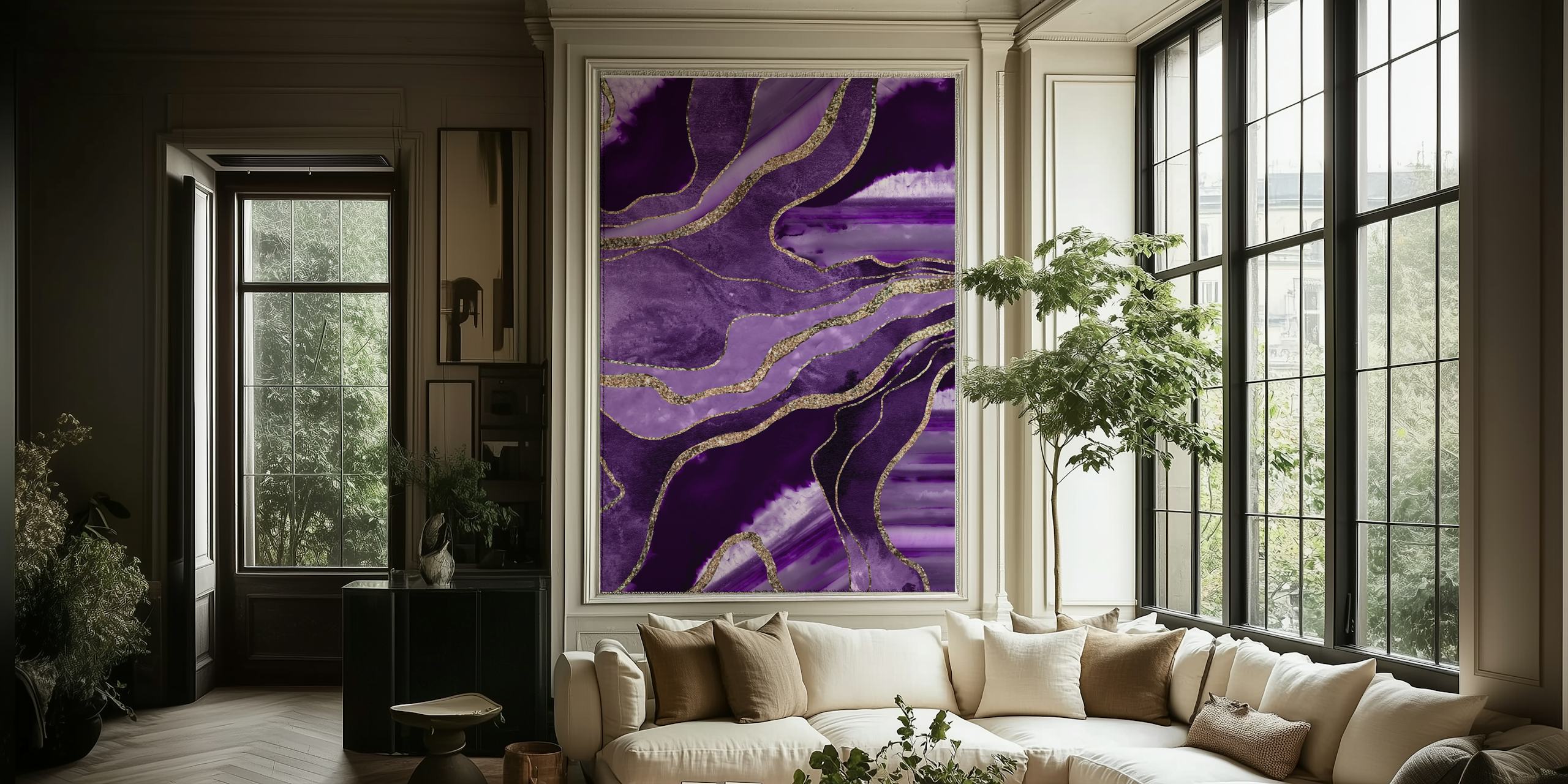 Purple swirling marble with gold accents wallpaper