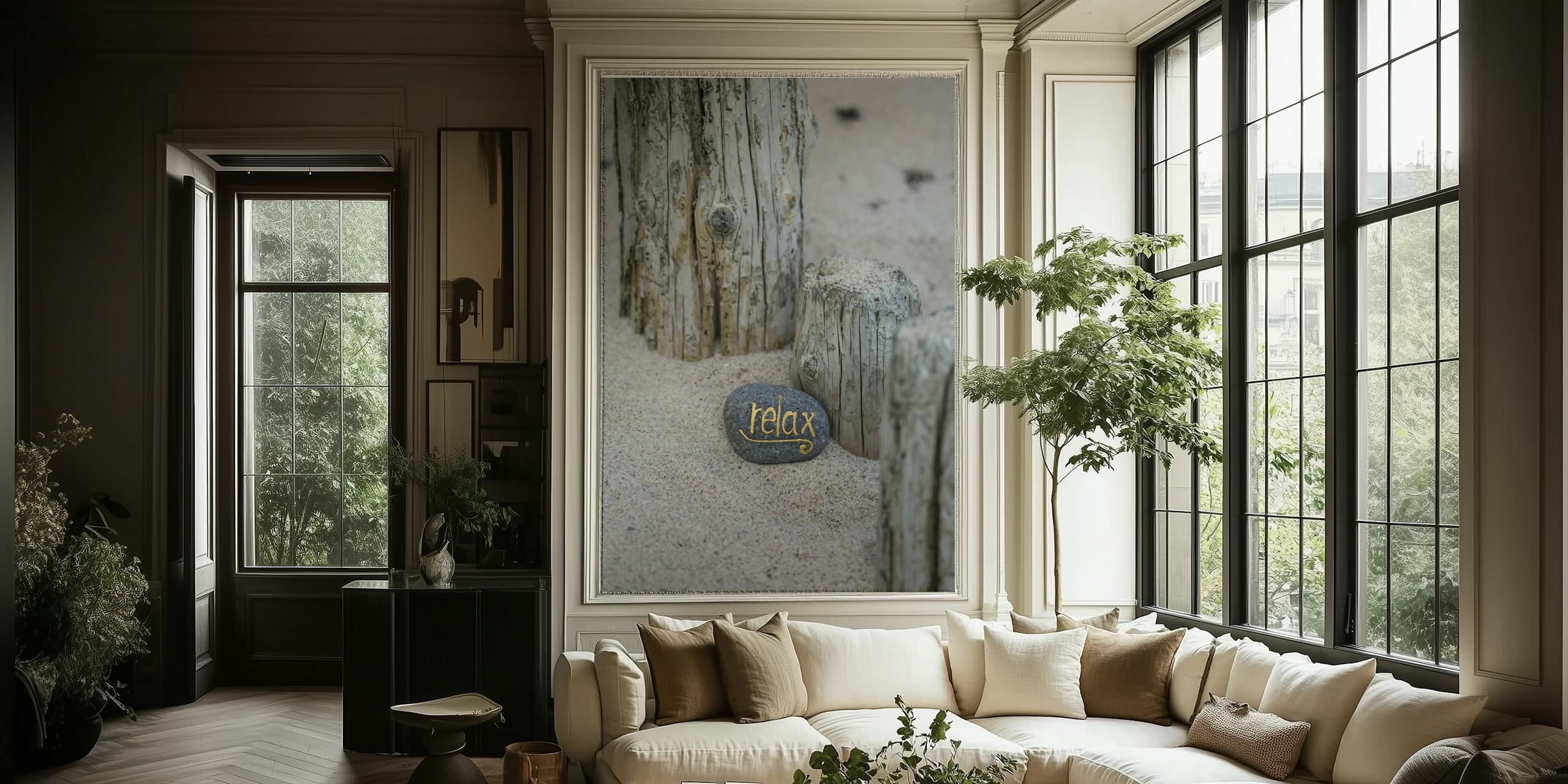 Relax lettering on grey pebble surrounded by wooden posts wallpaper