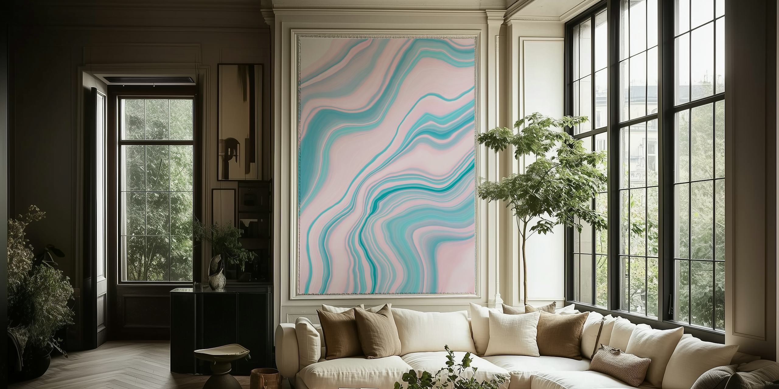 Abstract waves in pastel pink and teal colors wallpaper