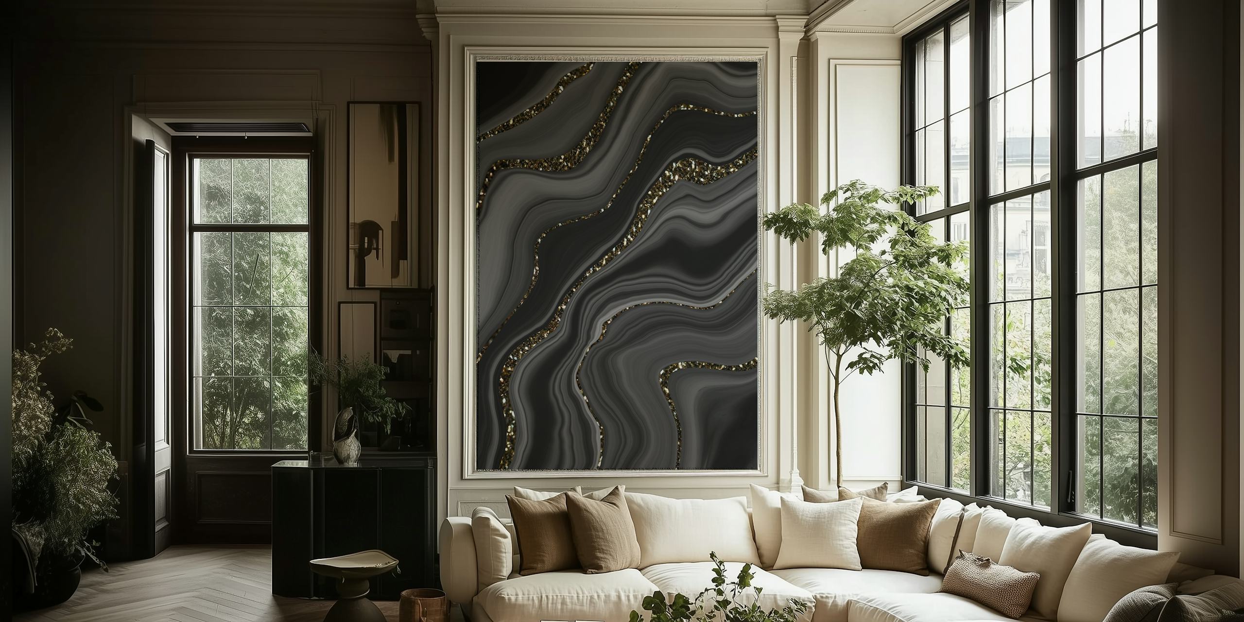 Black and gray agate pattern with gold accents wallpaper