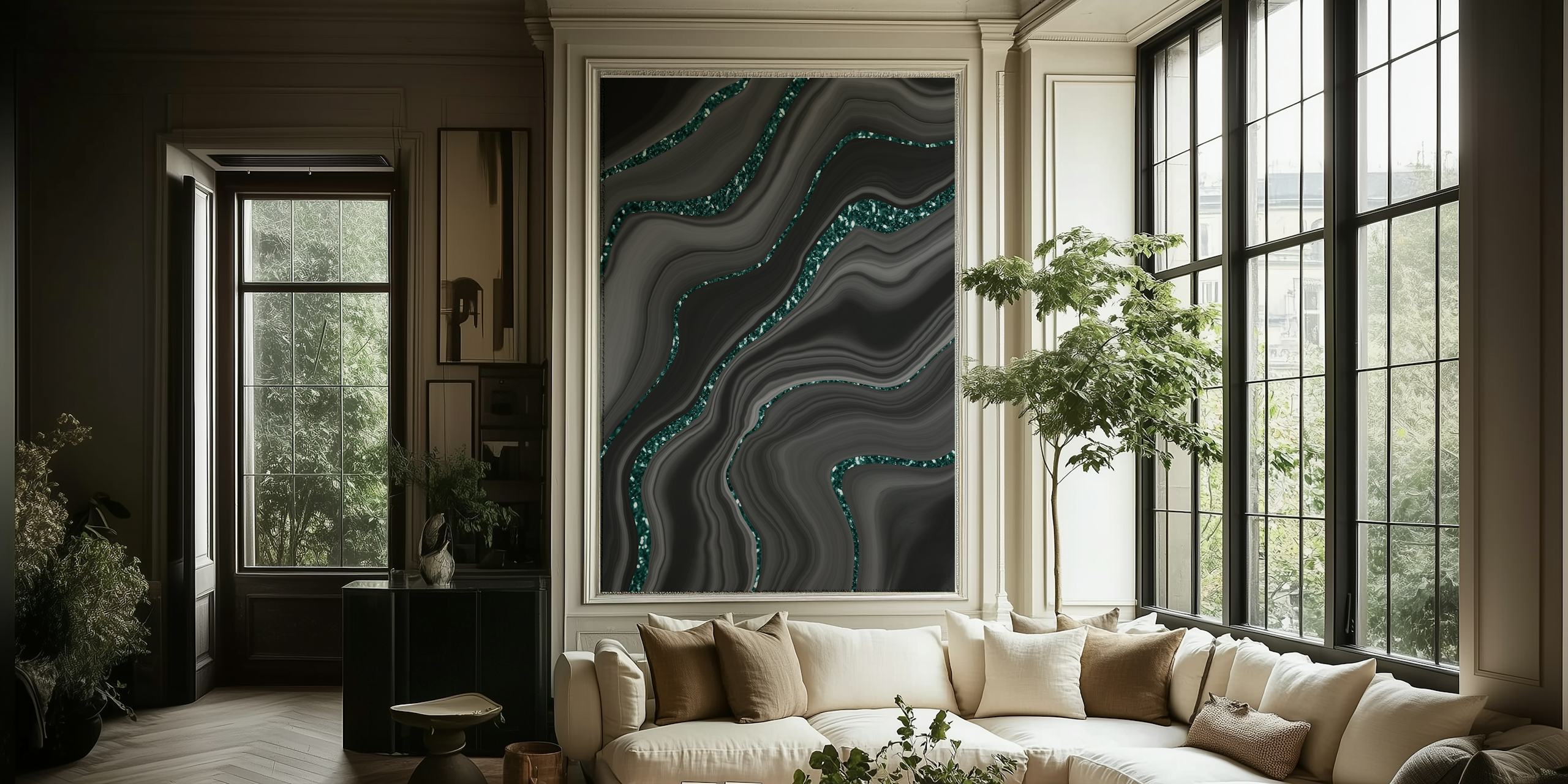 Abstract Liquid Black Gray Agate wall mural with teal highlights