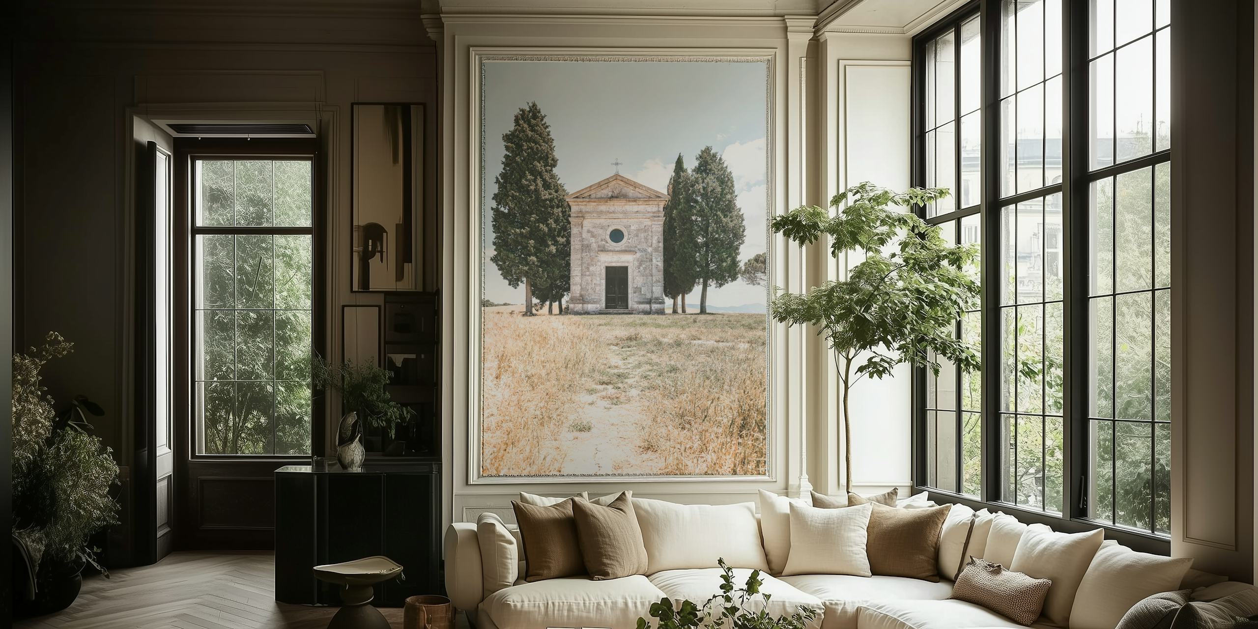 Italian chapel with cypress trees and gray sky wallpaper