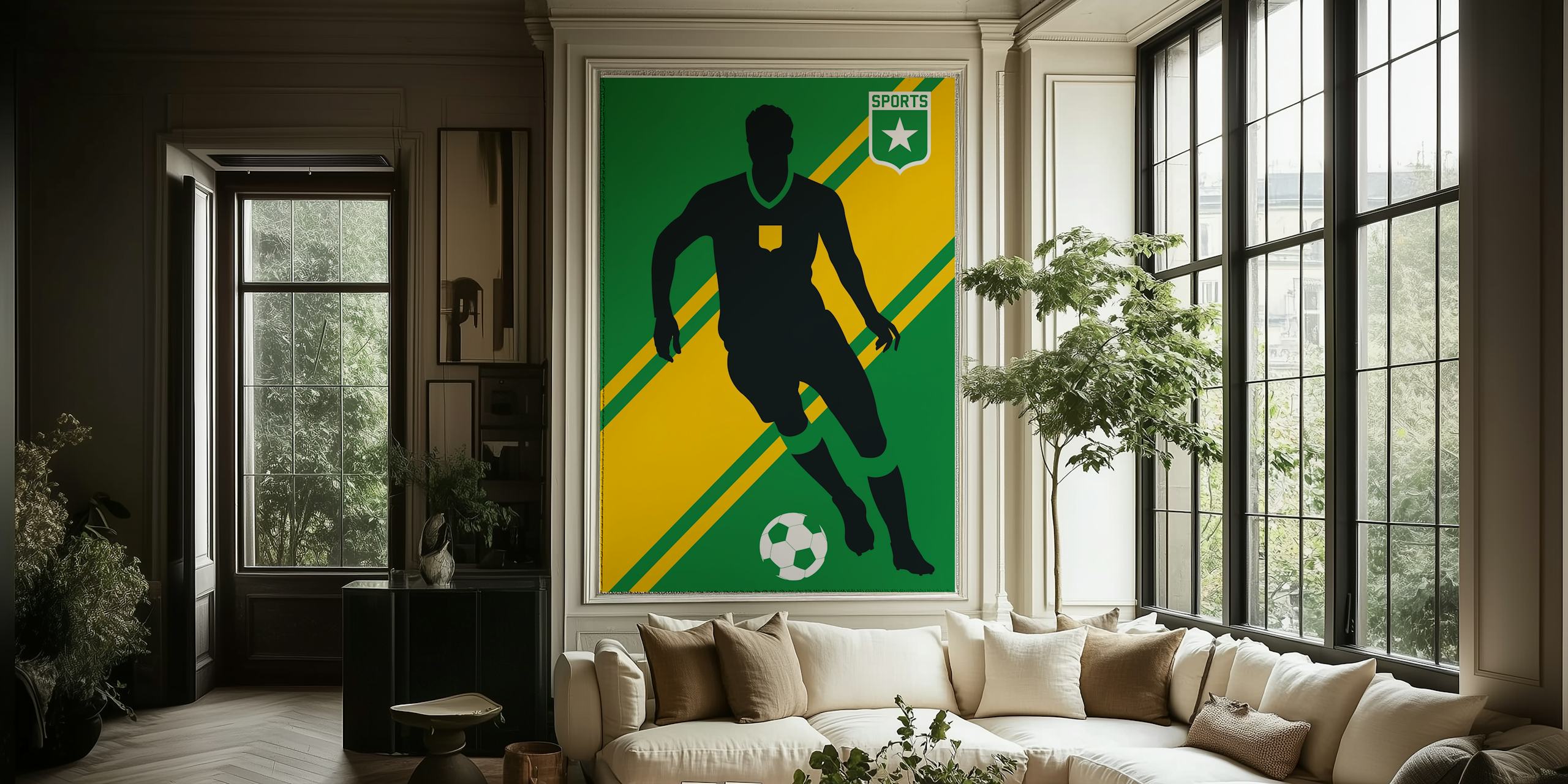 Silhouette of a soccer player with a ball on a green and yellow striped background