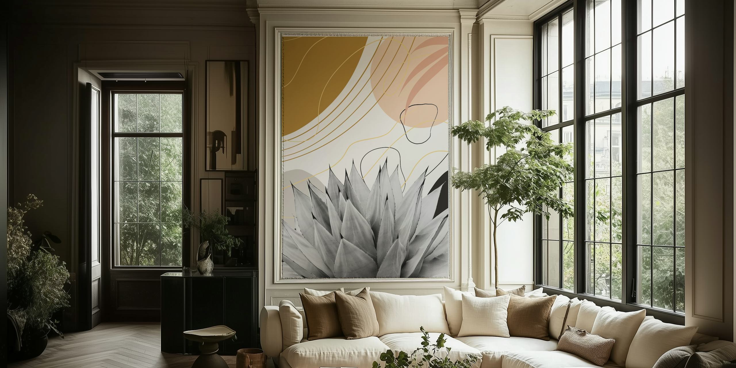 Abstract agave plant in black and white with beige and gold curved lines wallpaper