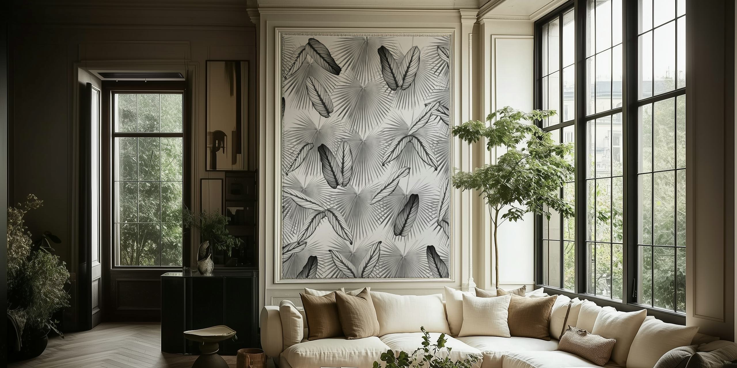 Calathea Fan Palm Leaves wall mural in monochrome