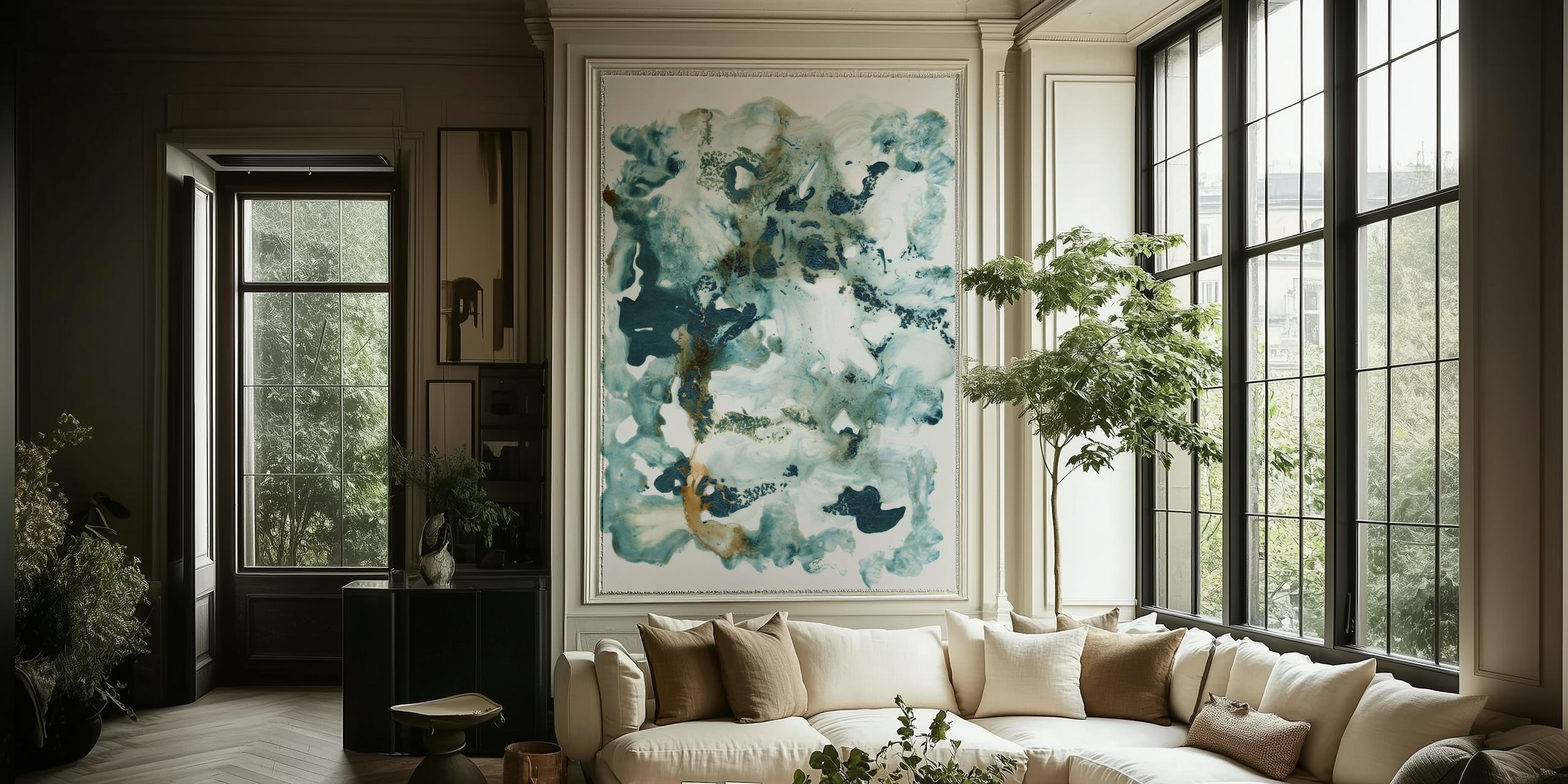 Teal Ocean Ink Abstract wallpaper in a room