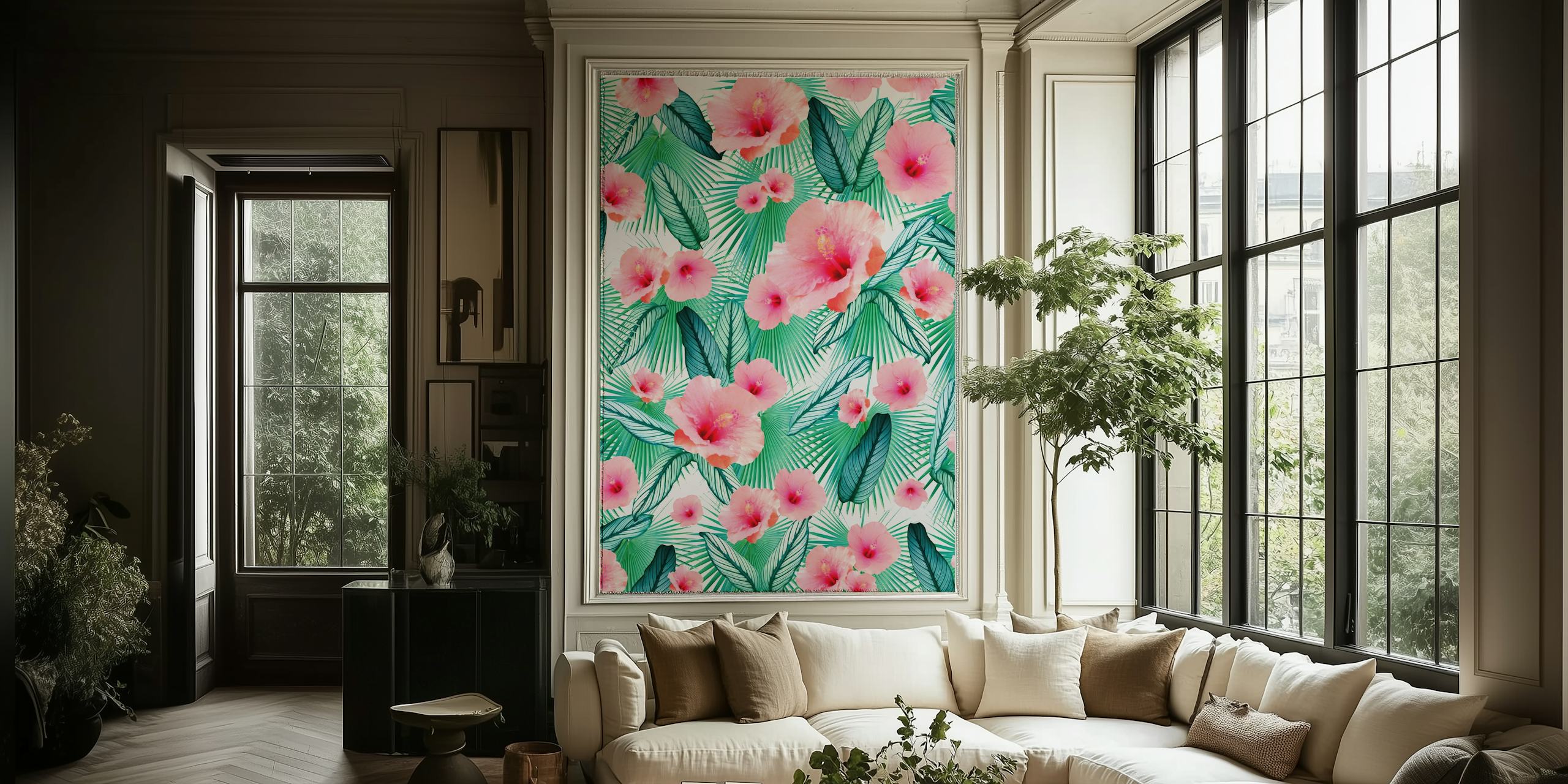 Živahni mural ružičastih cvjetova hibiskusa i zelenih listova kalateje i lepezaste palme na bijeloj pozadini