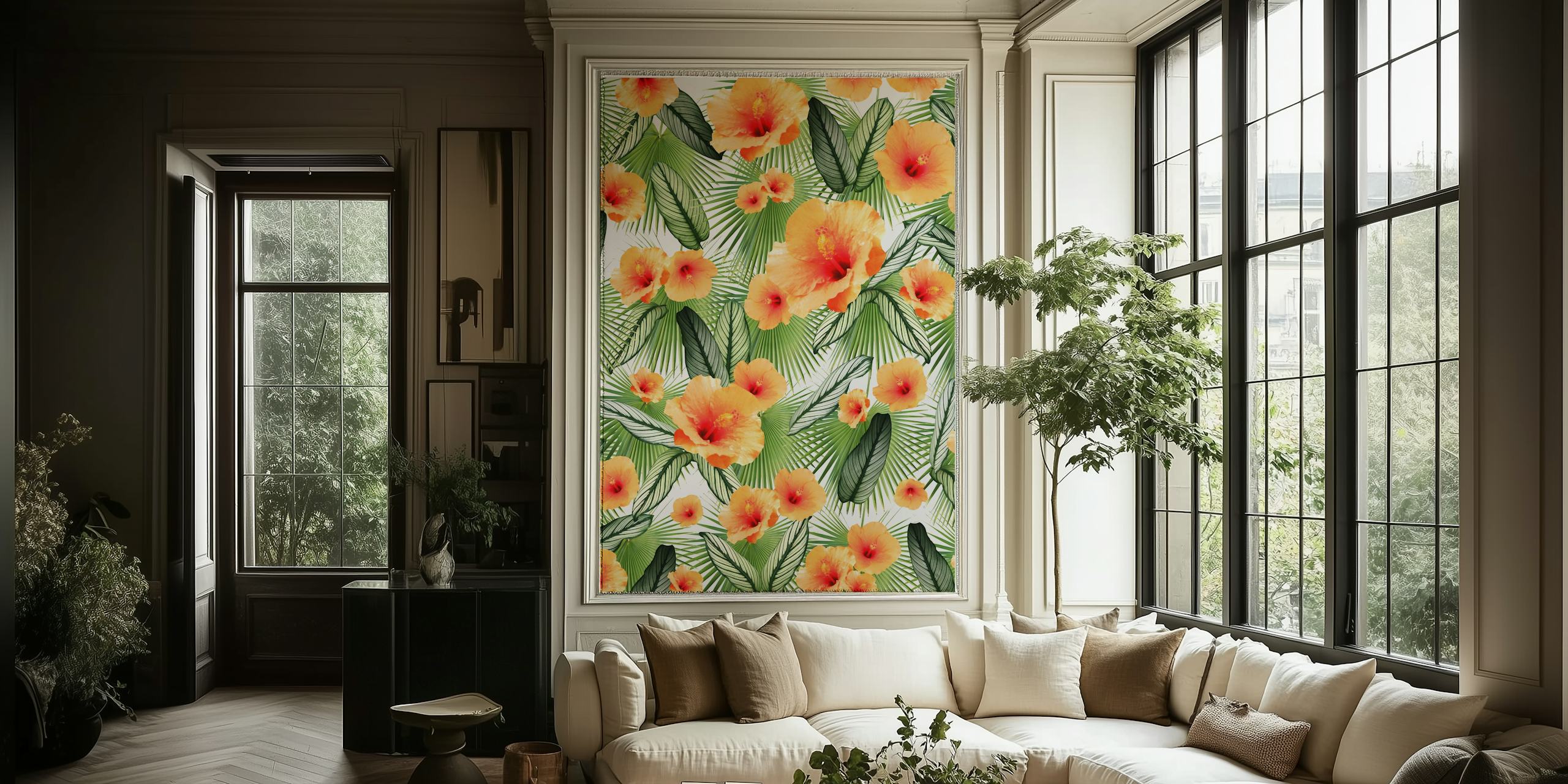 Hibiscus og palm tapet i et rom