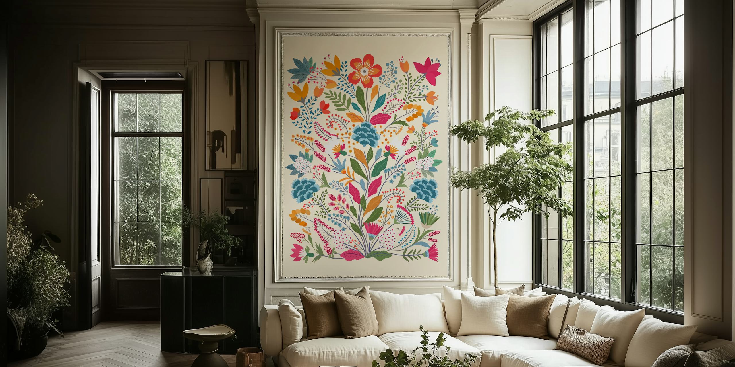 Colorful floral design with pink, blue, and orange flowers on beige wallpaper
