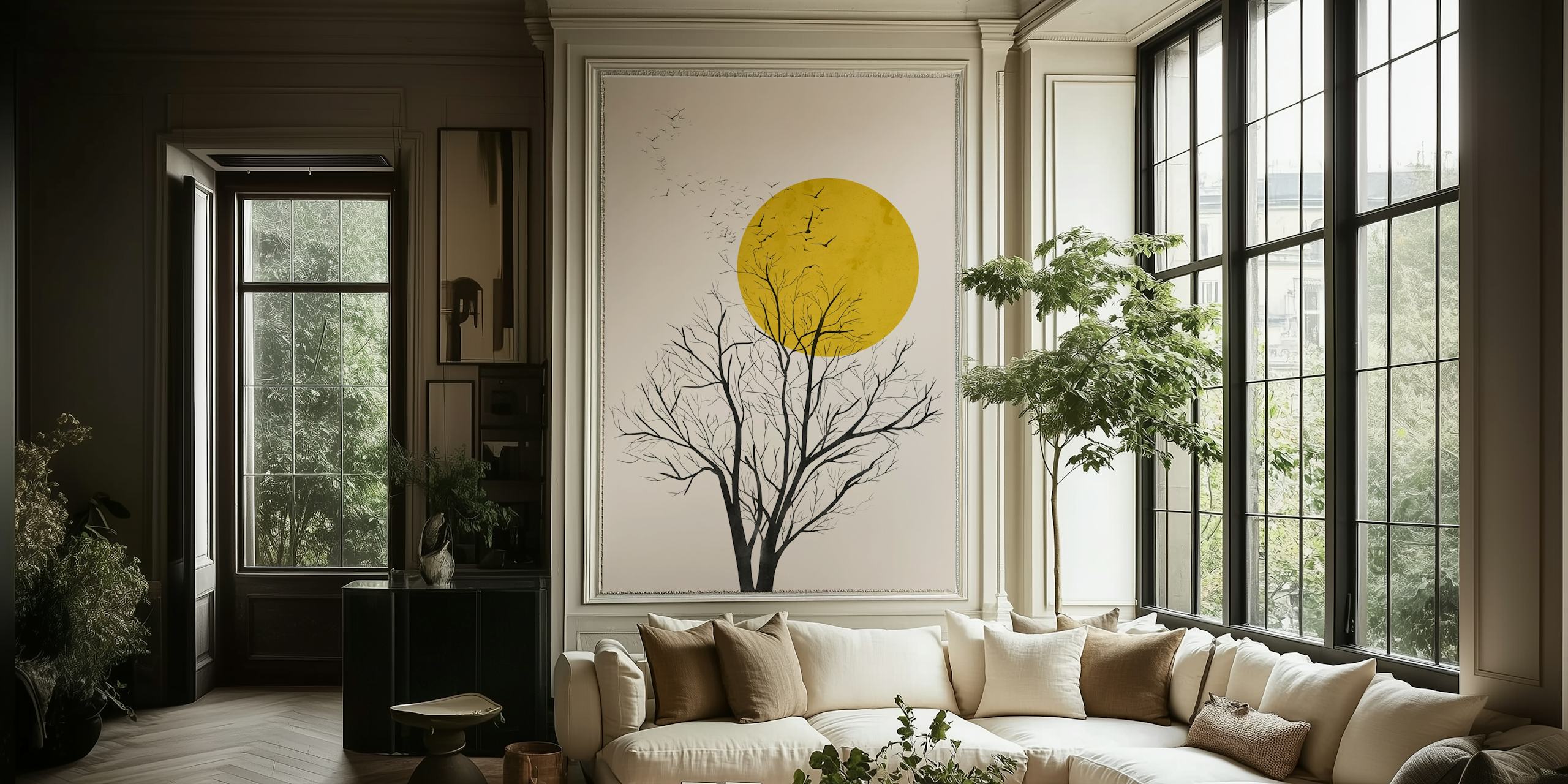 Birds flying at sunset wallpaper in a room