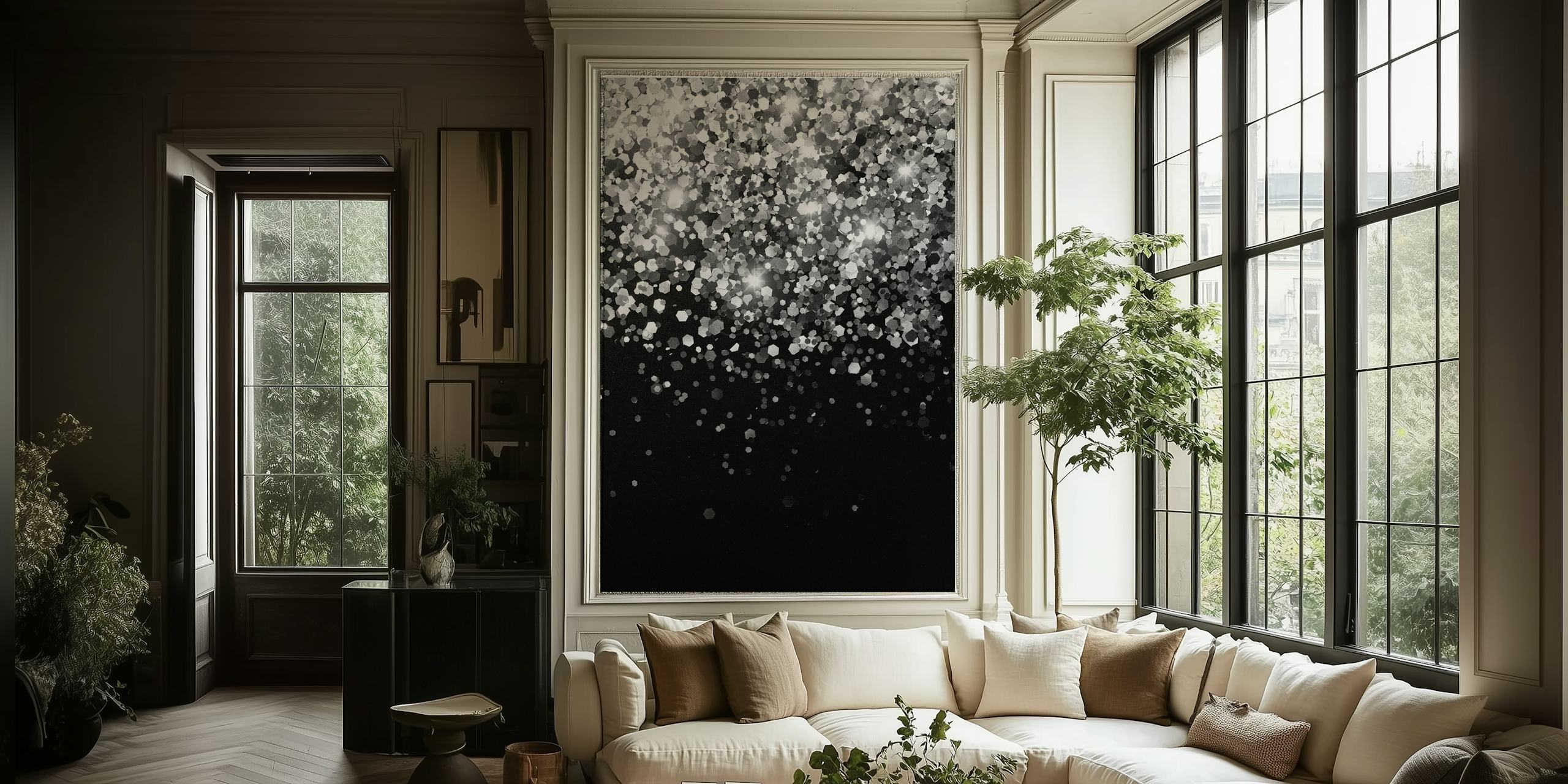 Silver gray and black glitter wallpaper in a room