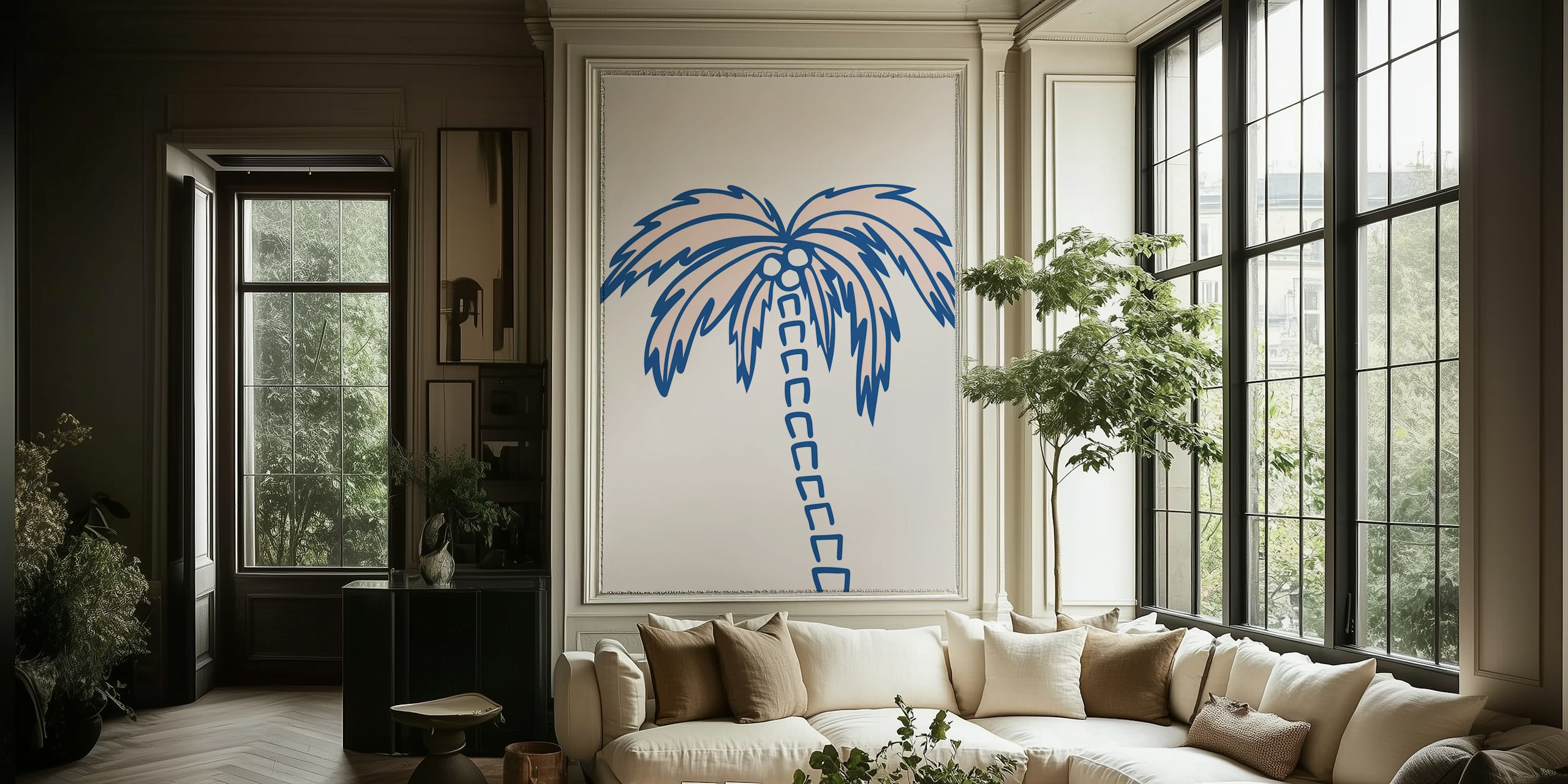 Tropical Palm Oasis blue rose carta da parati in una stanza