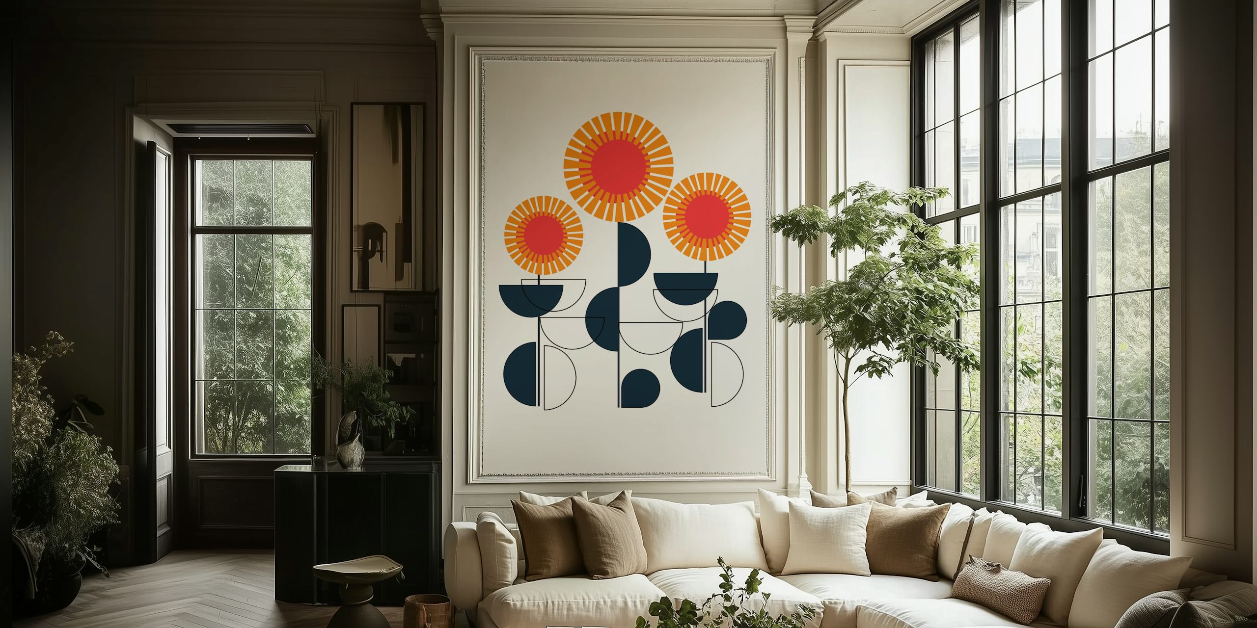 Bauhaus style wallpaper with three sunflowers in orange and black geometric shapes on a light background
