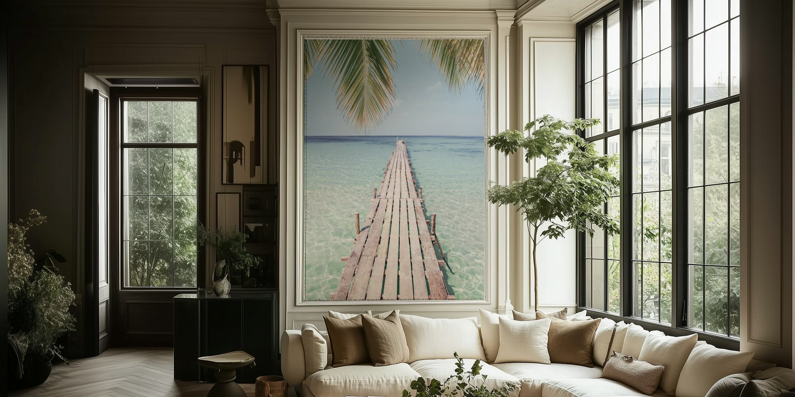 Wooden pier extending into clear water with palm trees wallpaper
