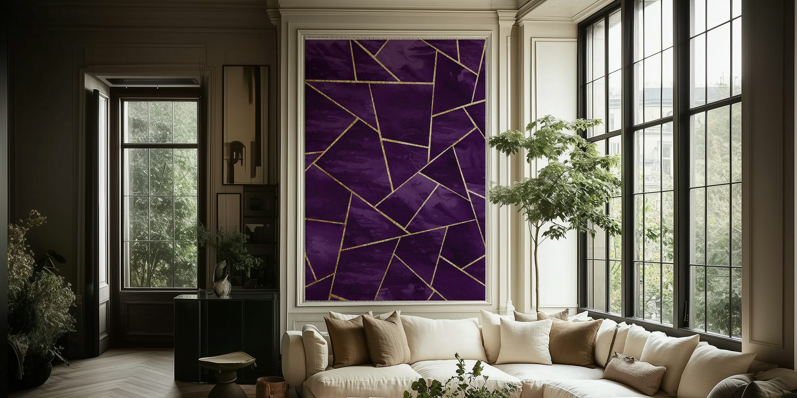 Dark purple geometric shapes with gold accents wallpaper
