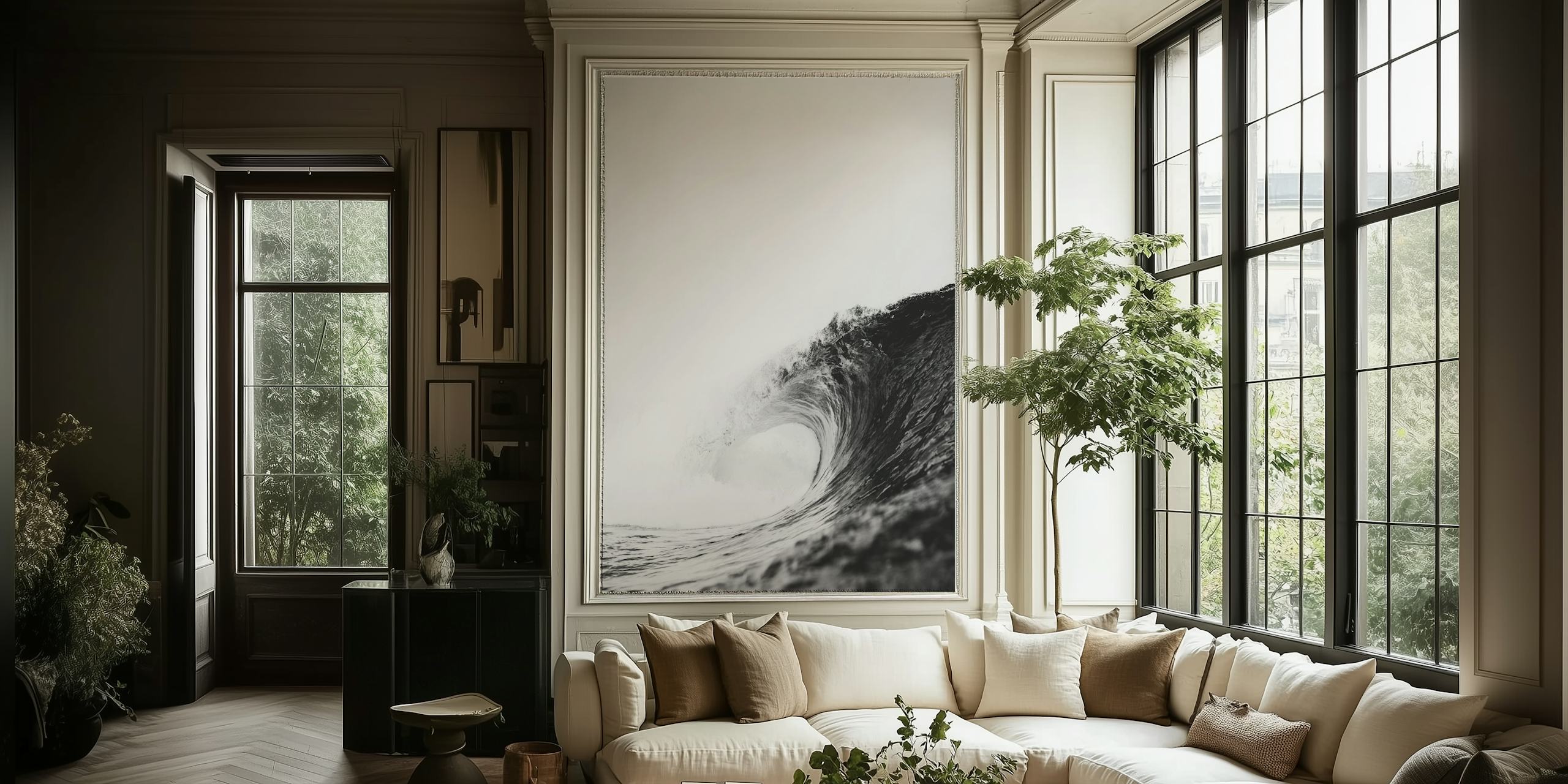 Monochrome Ocean Swell papel tapiz en una habitación