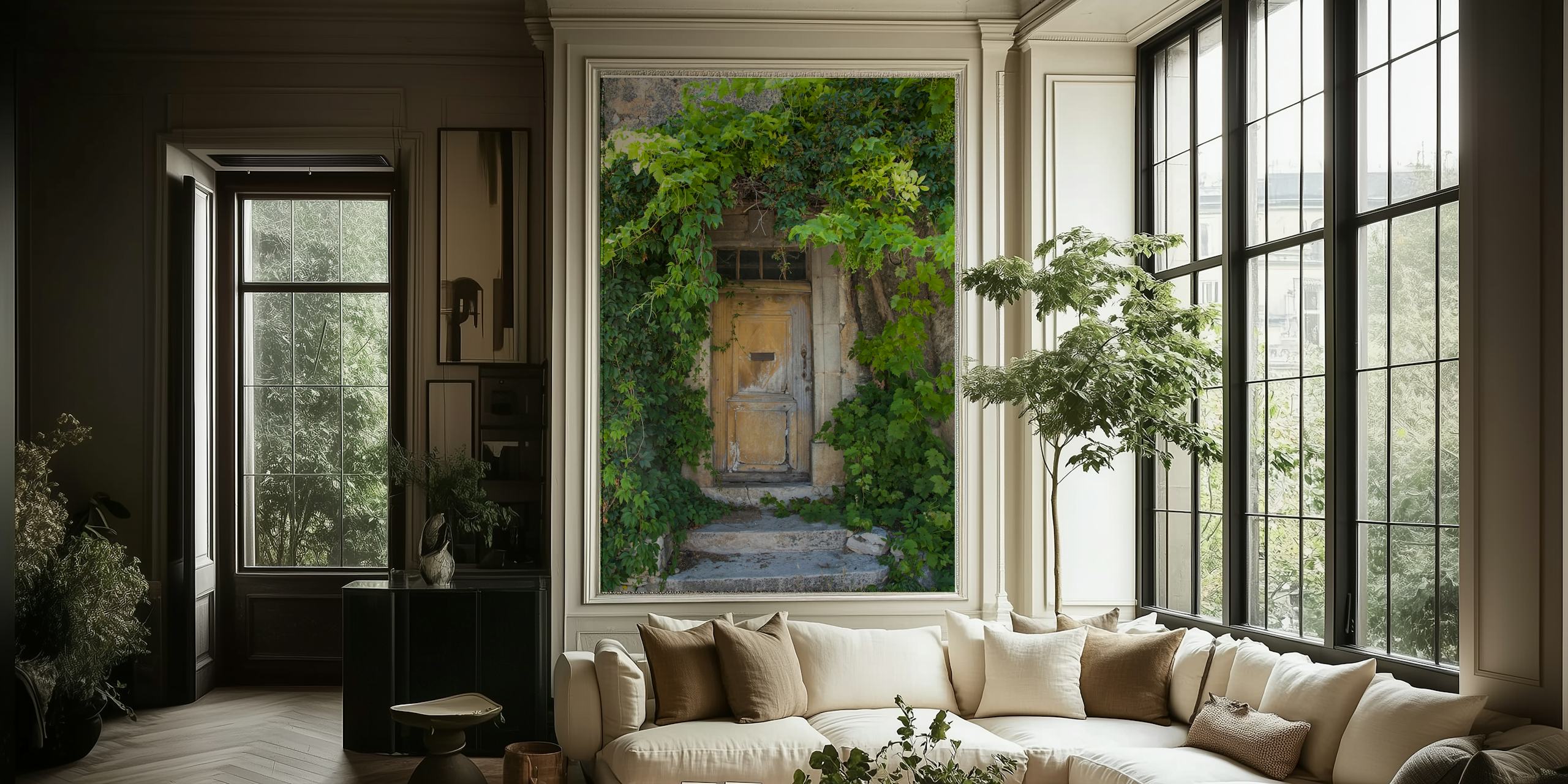 Vintage door with greenery, yellow tones, rustic wallpaper