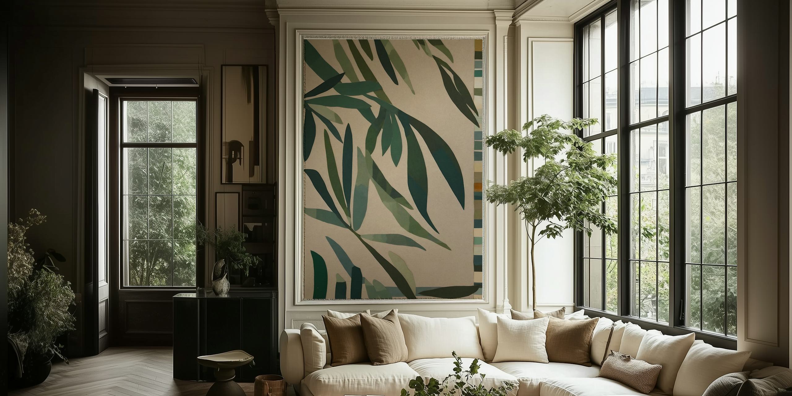 Leaves in various shades of green on a beige background wallpaper