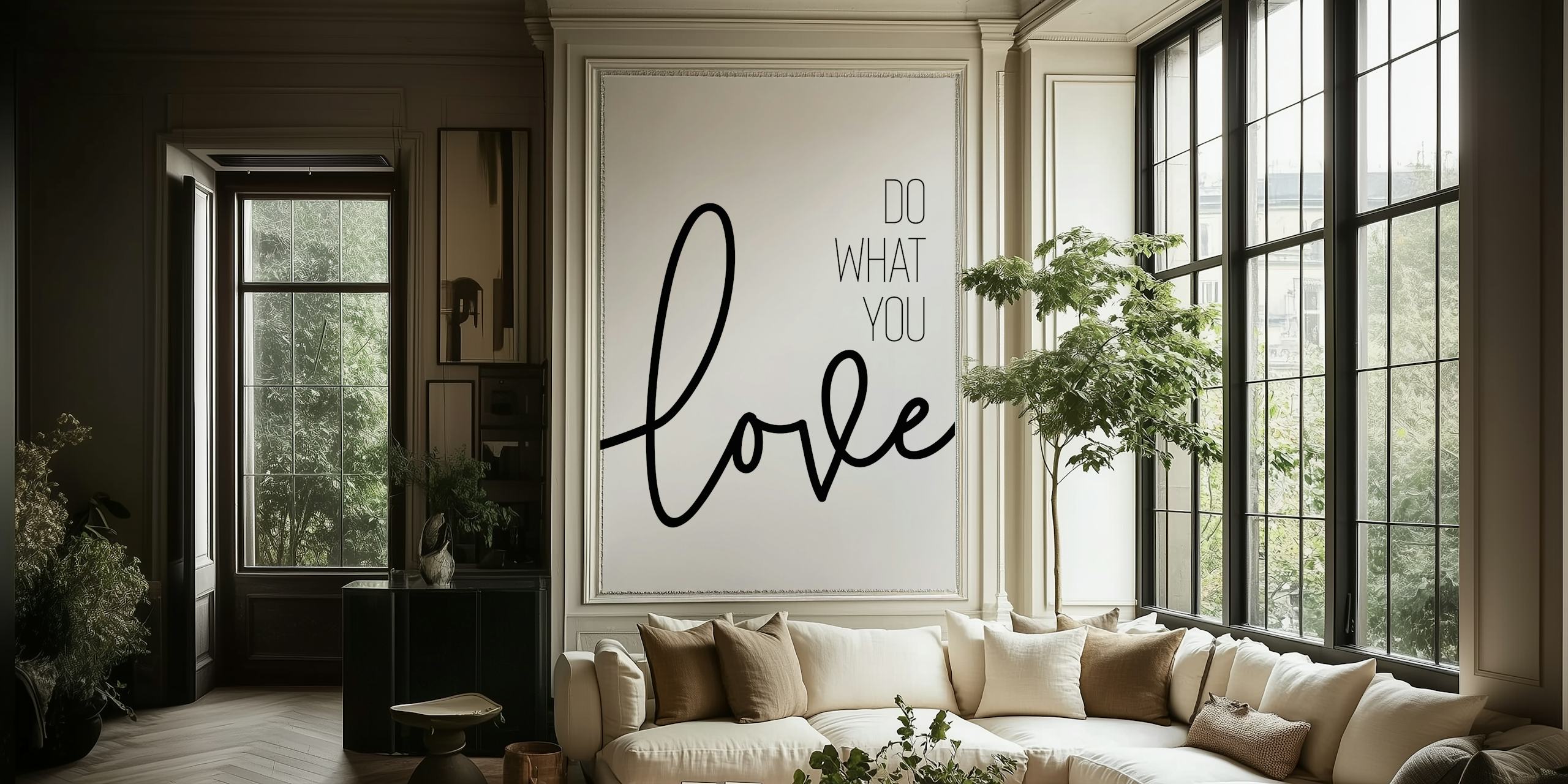 Black and white inspirational quote wallpaper featuring the phrase 'Do what you love' in cursive.