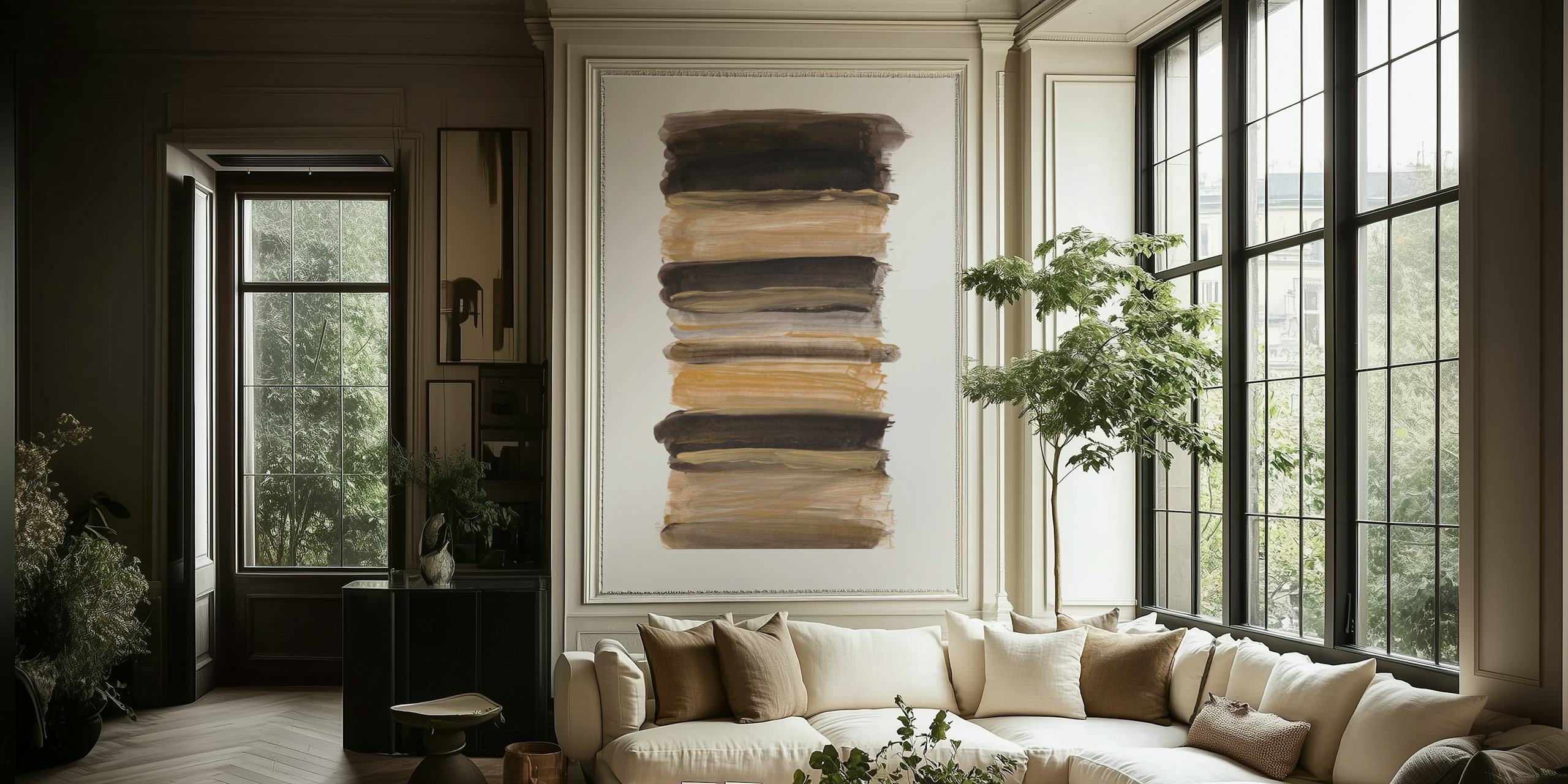 Abstract brushstroke pattern in black, taupe, and beige wallpaper