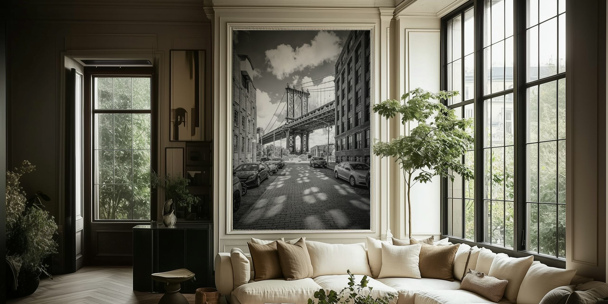Manhattan Bridge in black and white wallpaper