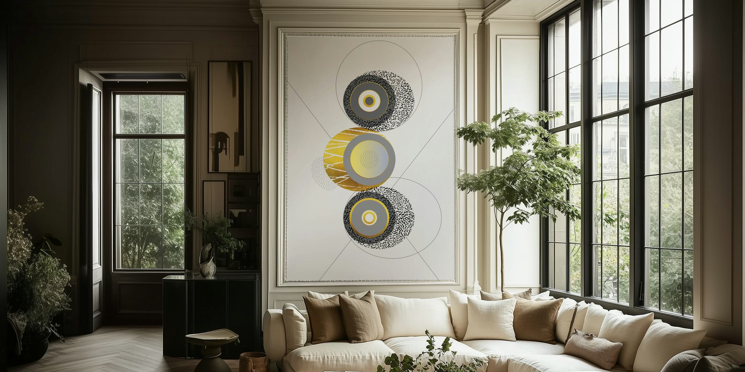 Abstract circular pattern wall mural with gold, black, and white colors