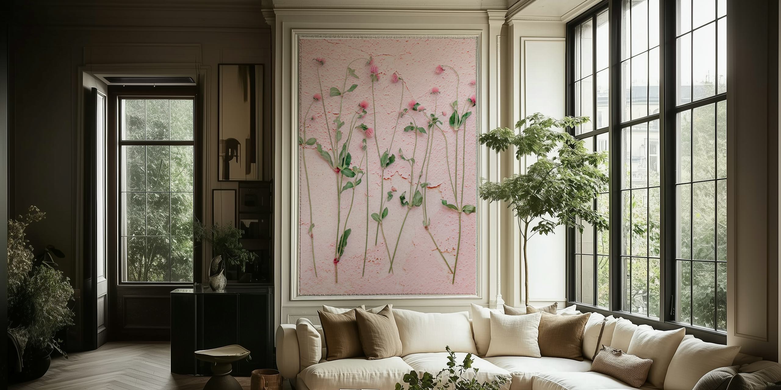 Pink botanical wallpaper with delicate floral stems and green leaves