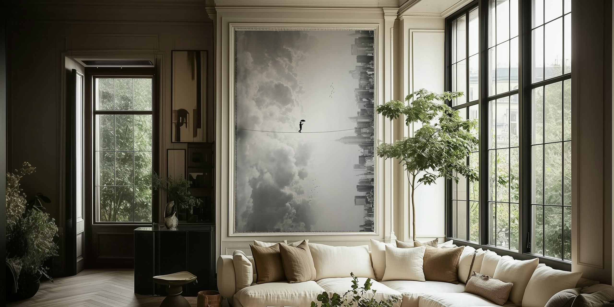 Monochrome mural featuring a silhouette on a tightrope above clouds and cityscape