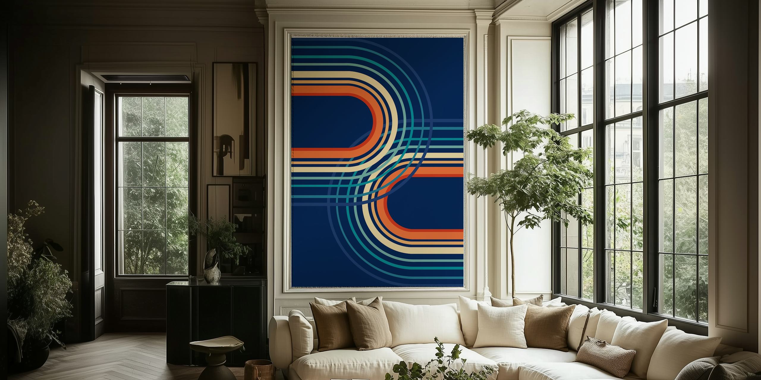 Geometric rainbow arch patterns in blue, orange, and cream wallpaper