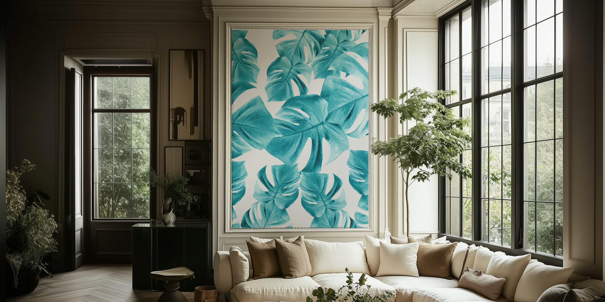 Monstera leaves in teal on white background wallpaper