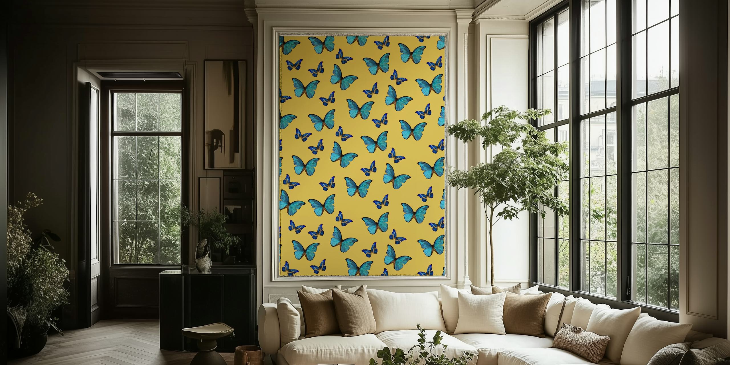 Blaue gelbe Butterfly Tapete in einem Raum