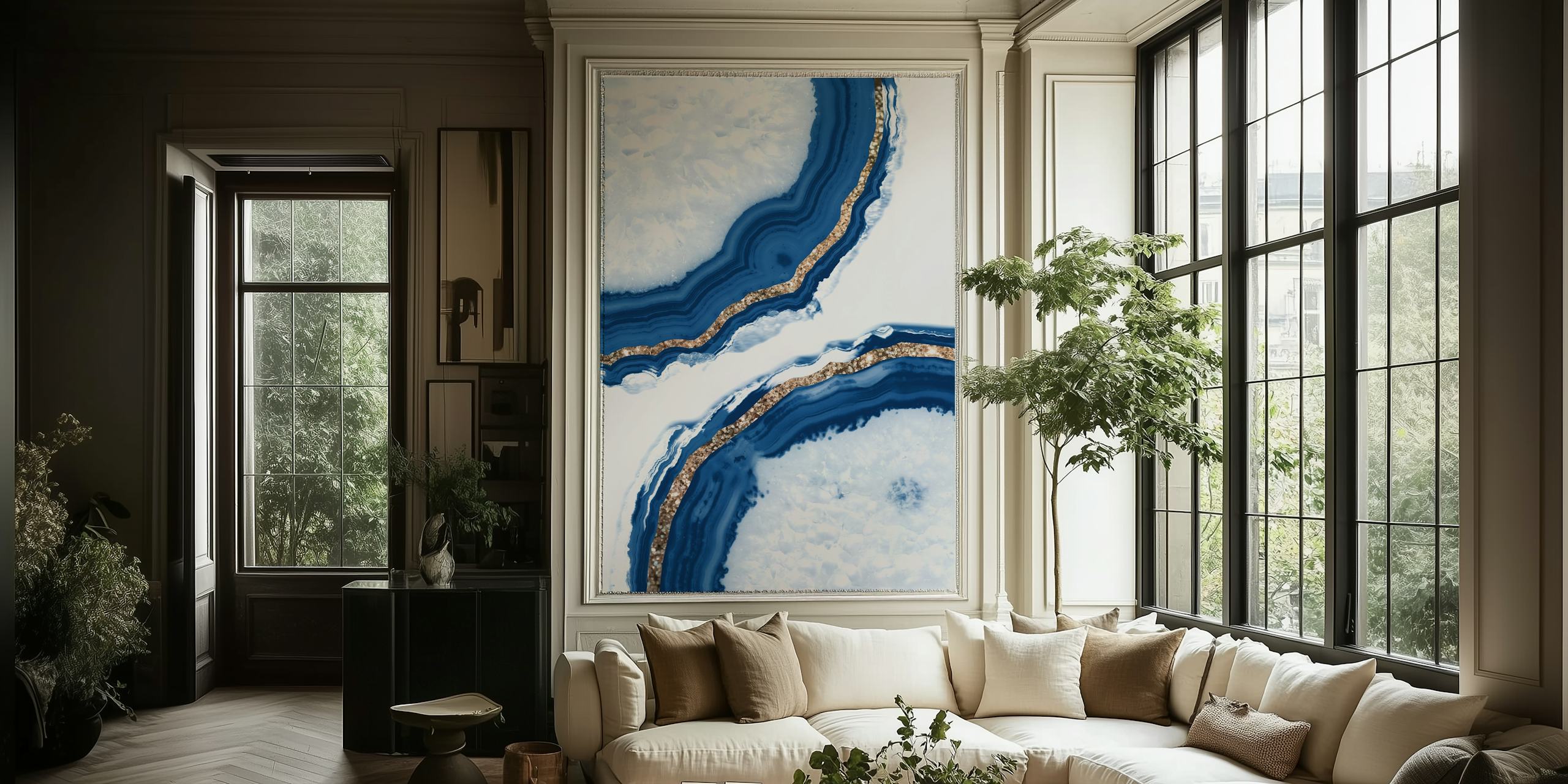 Elegant agate-inspired wall mural with gold and navy blue patterns