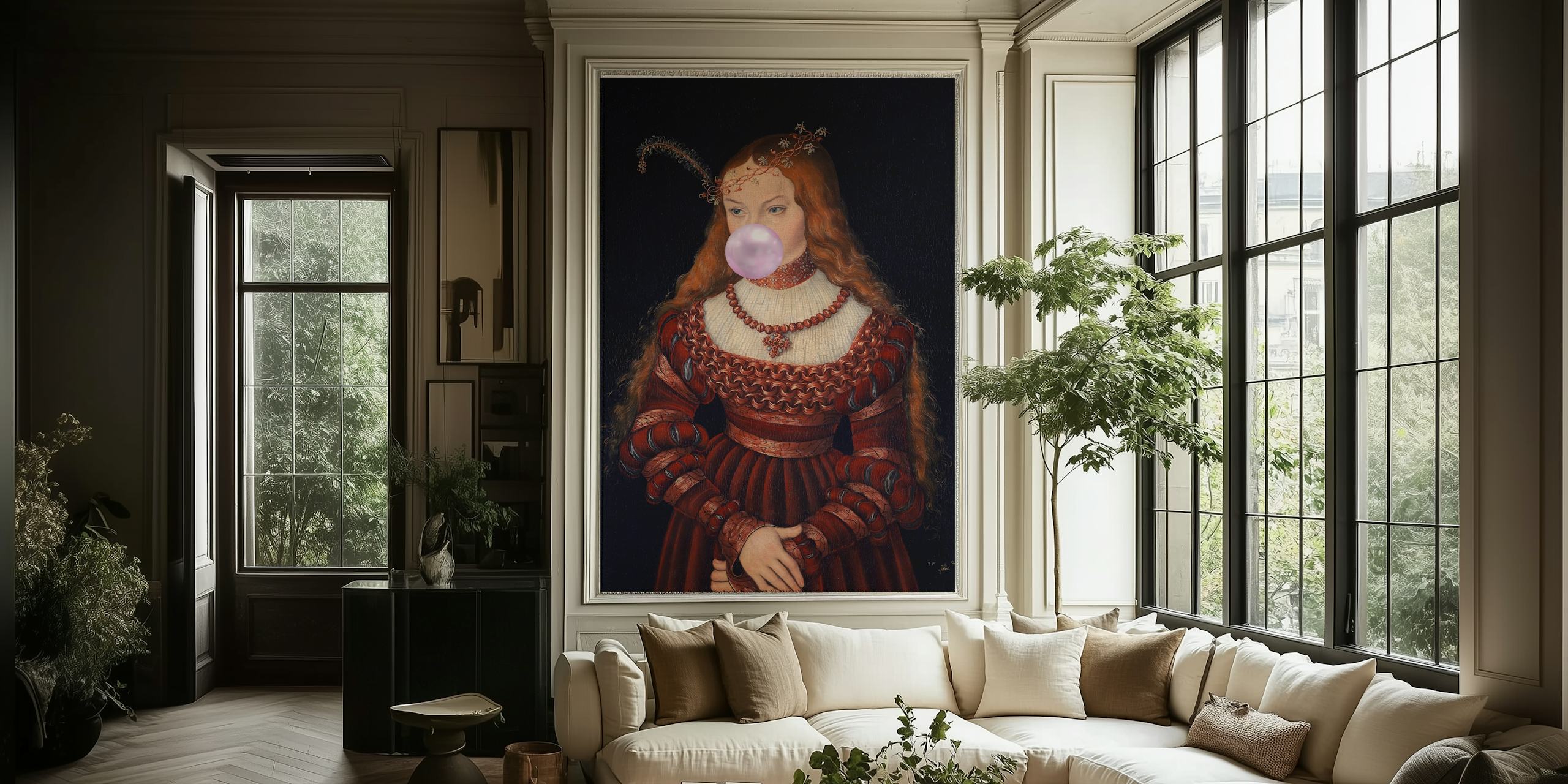 Vintage wall mural of a woman blowing bubblegum, red and pink tones