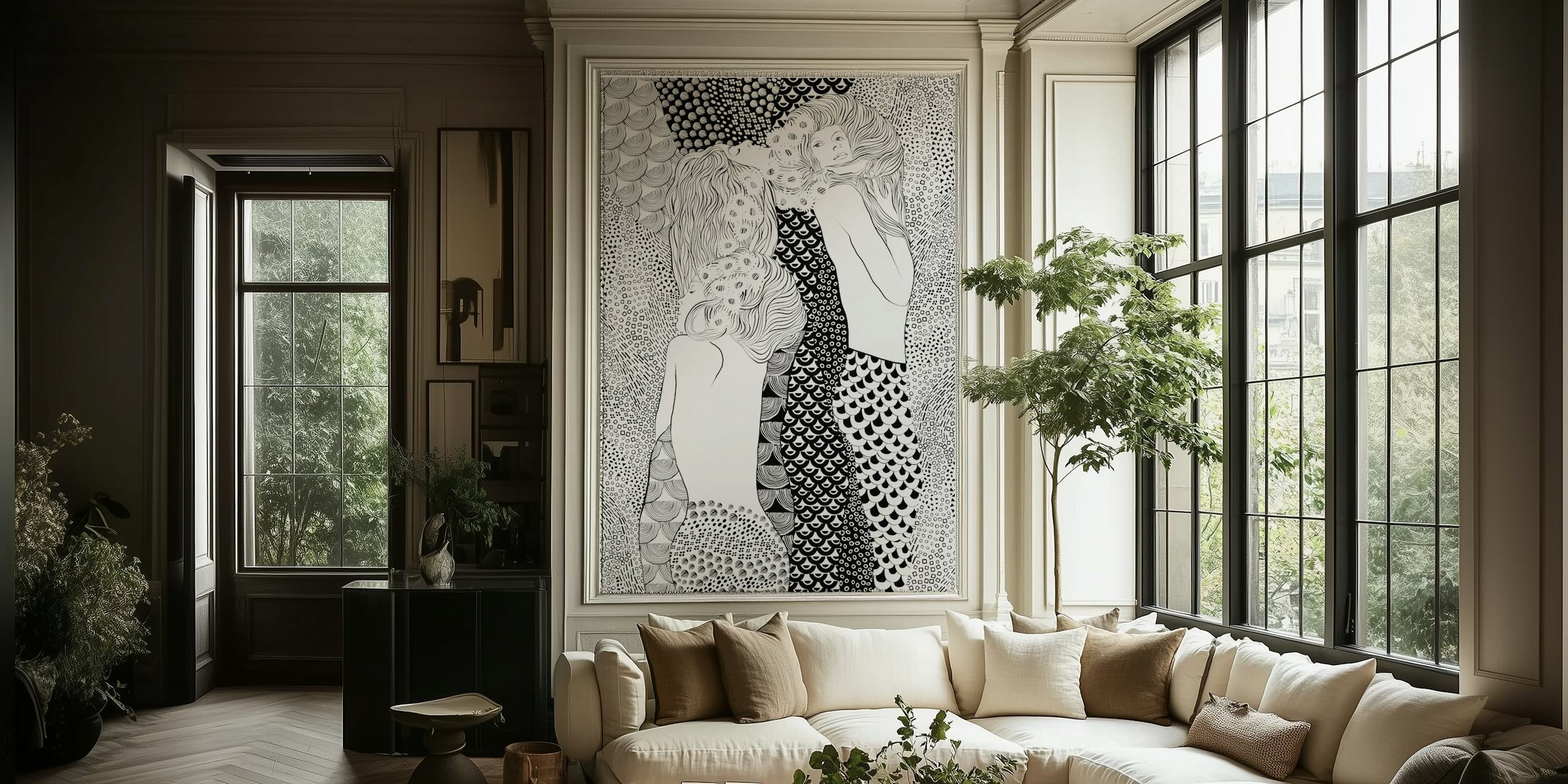 Three stylized figures with wavy hair and patterned tails in black and white wallpaper