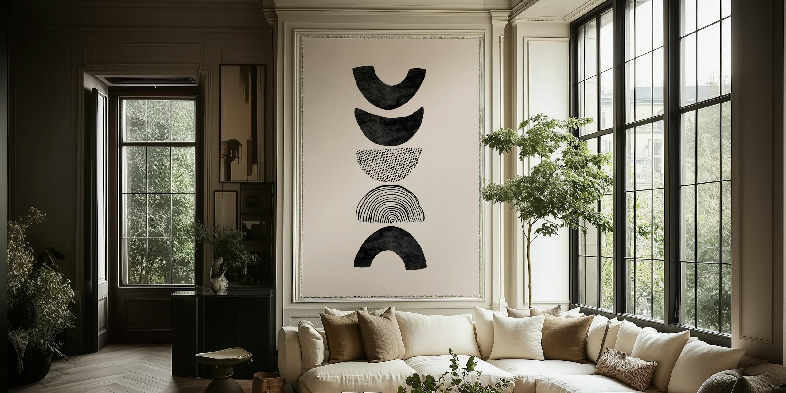 Abstract black and white crescent shapes on light background wallpaper