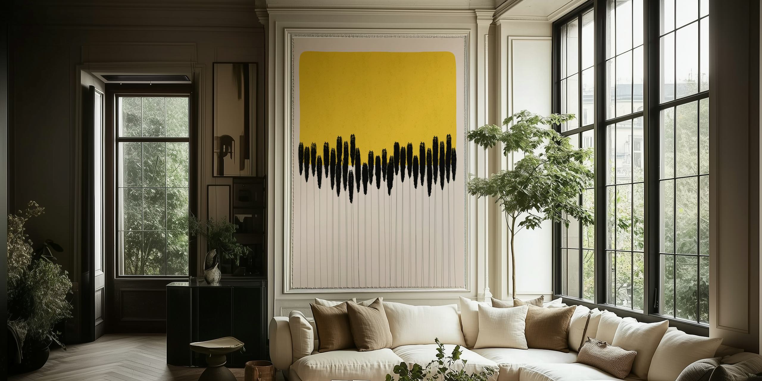 Yellow abstract background with black brush strokes wallpaper