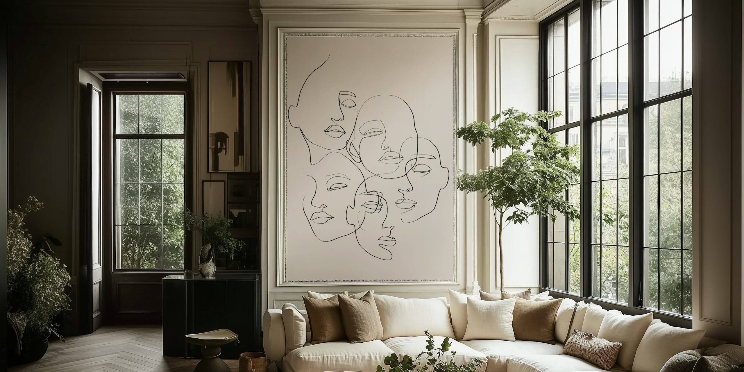 Minimalist line art faces on neutral background wallpaper