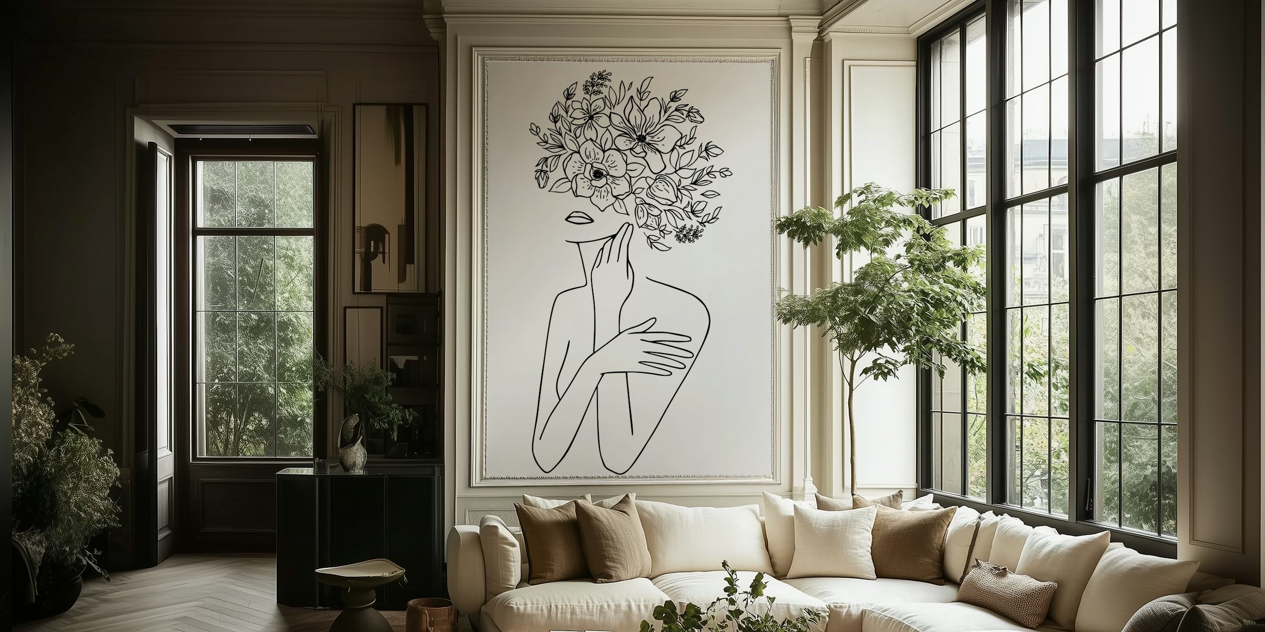 Line art of a woman with floral design