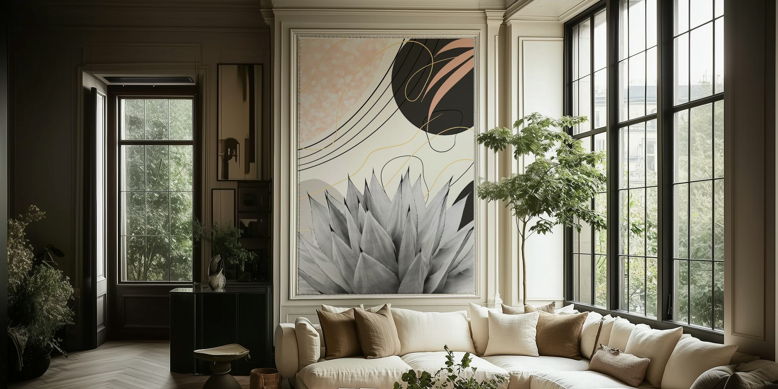 Abstract agave with black and beige patterns wallpaper