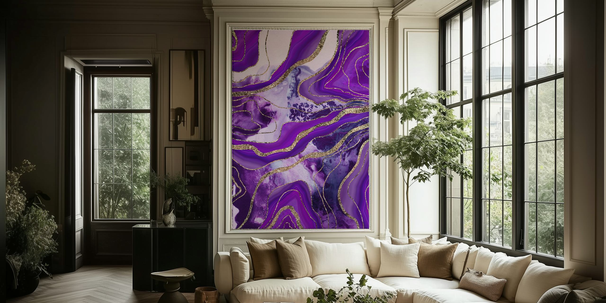 Purple marble design with gold lines and swirling patterns wallpaper