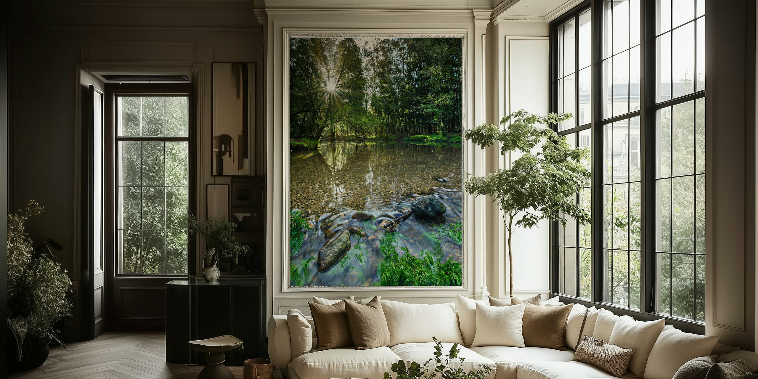 Sunlit Forest Stream behang in een kamer