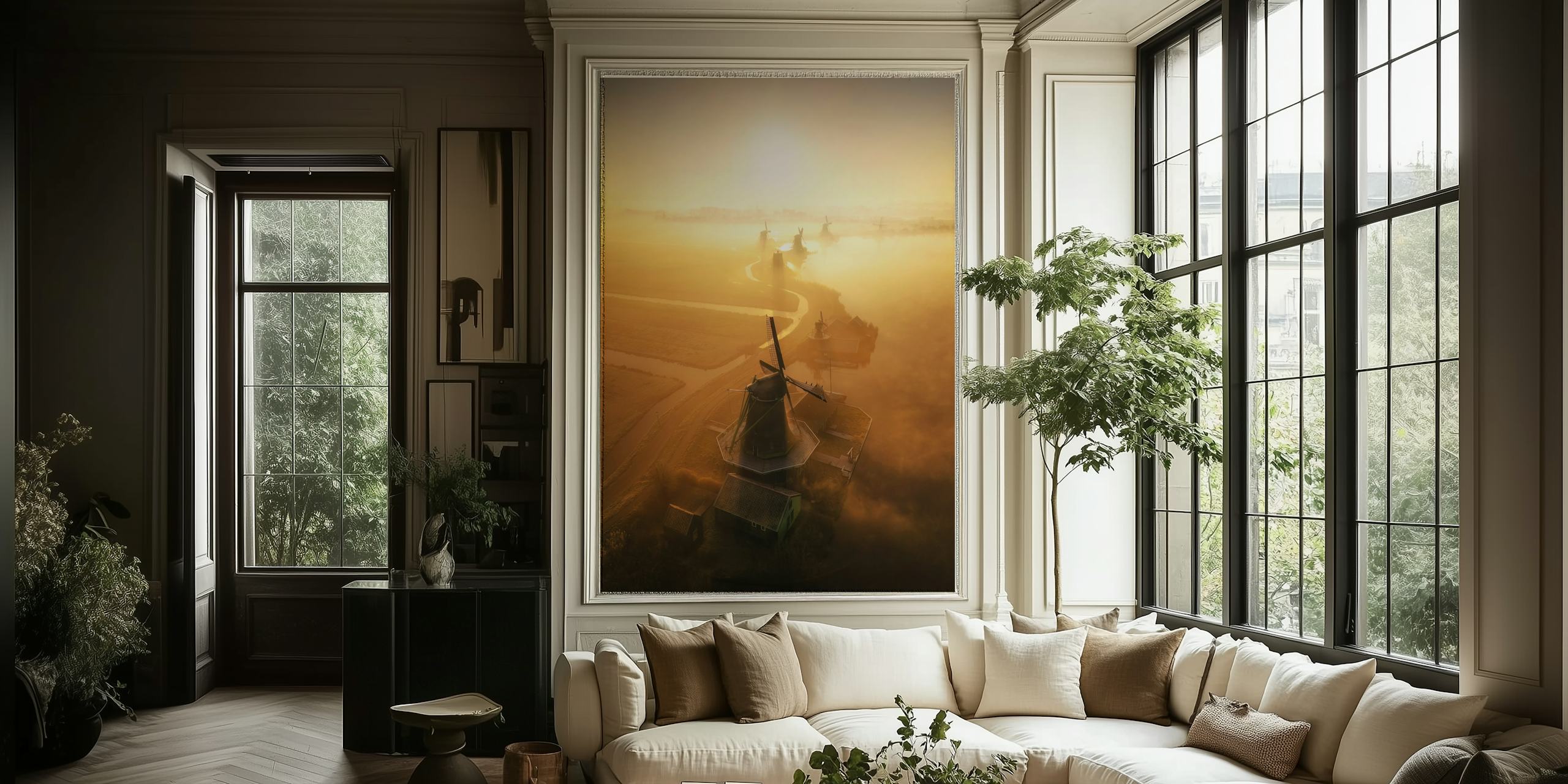 Windmills at sunrise wallpaper in a room