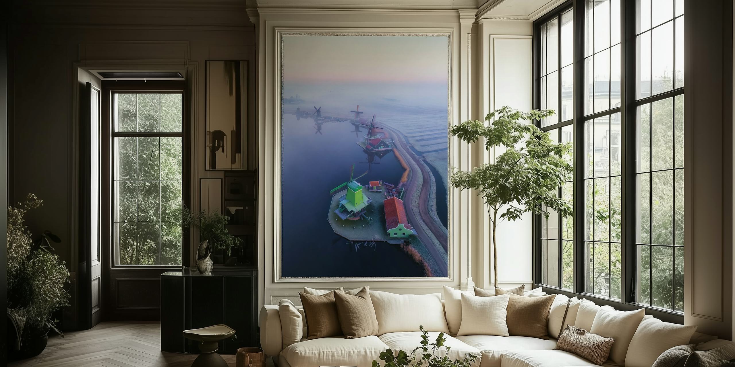 Papel pintado Tranquil Dutch windmills en una habitación