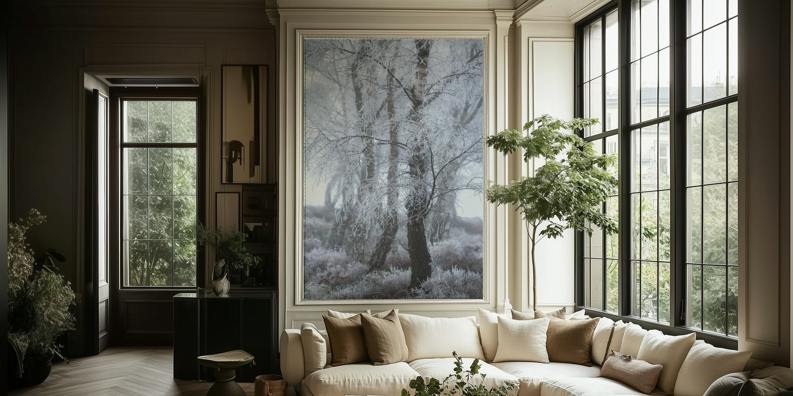 White frozen trees in a misty woodland setting wallpaper